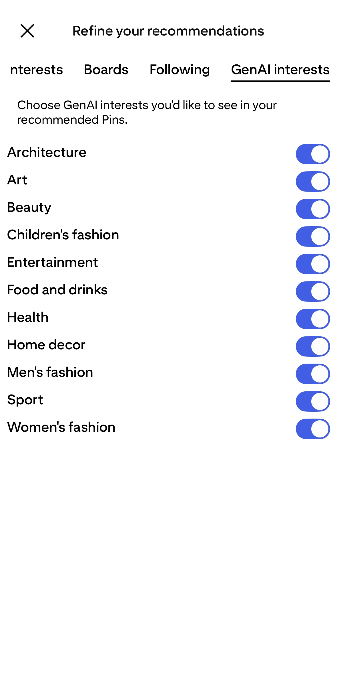 Pinterest Screen screen in the Turning off GenAI interests flow