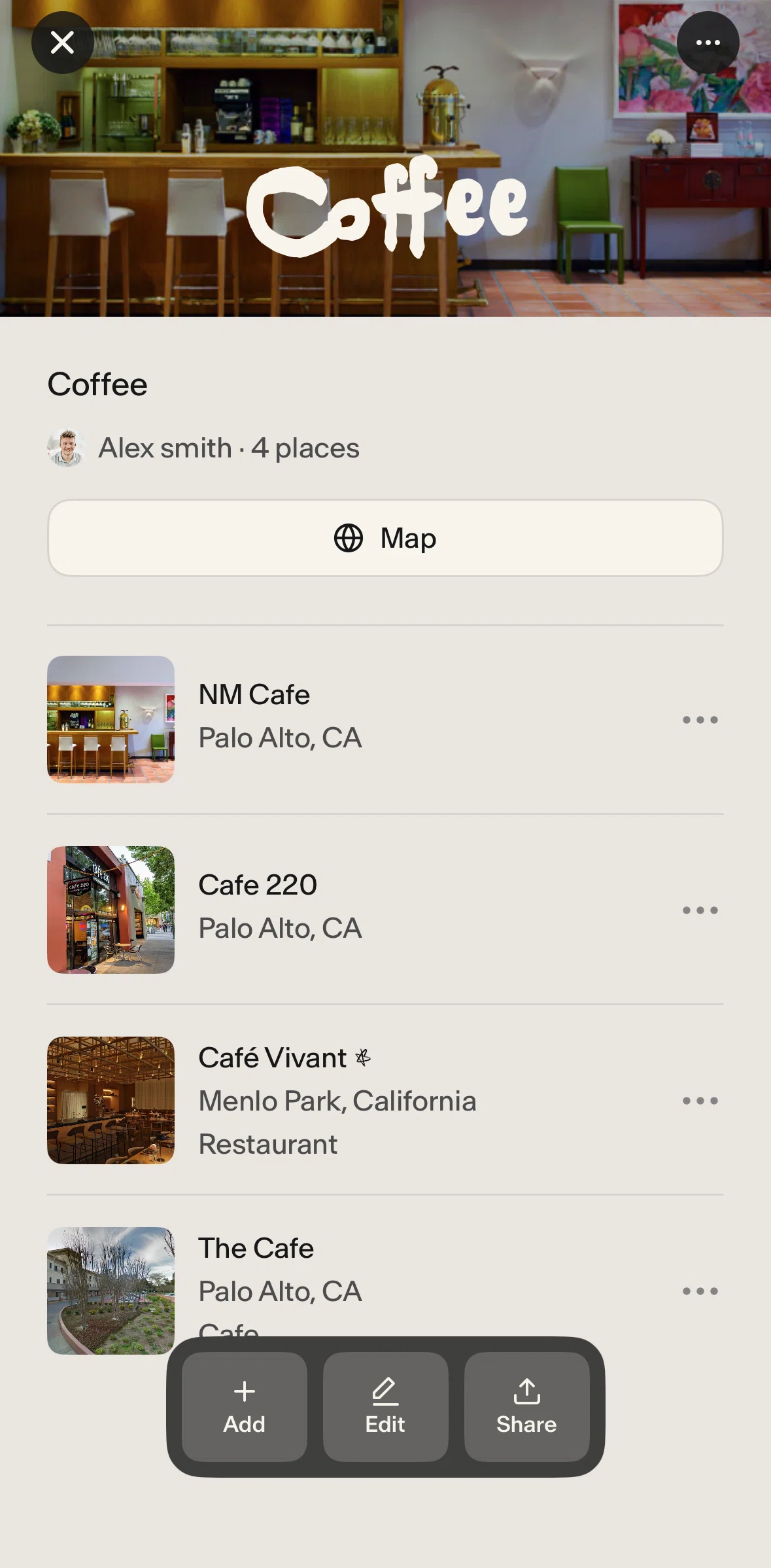 Places Screen screen in the Editing a collection flow
