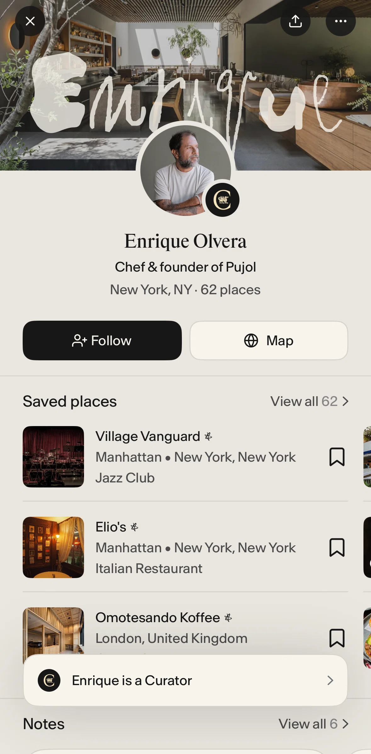 Places Screen screen in the Following a curator flow