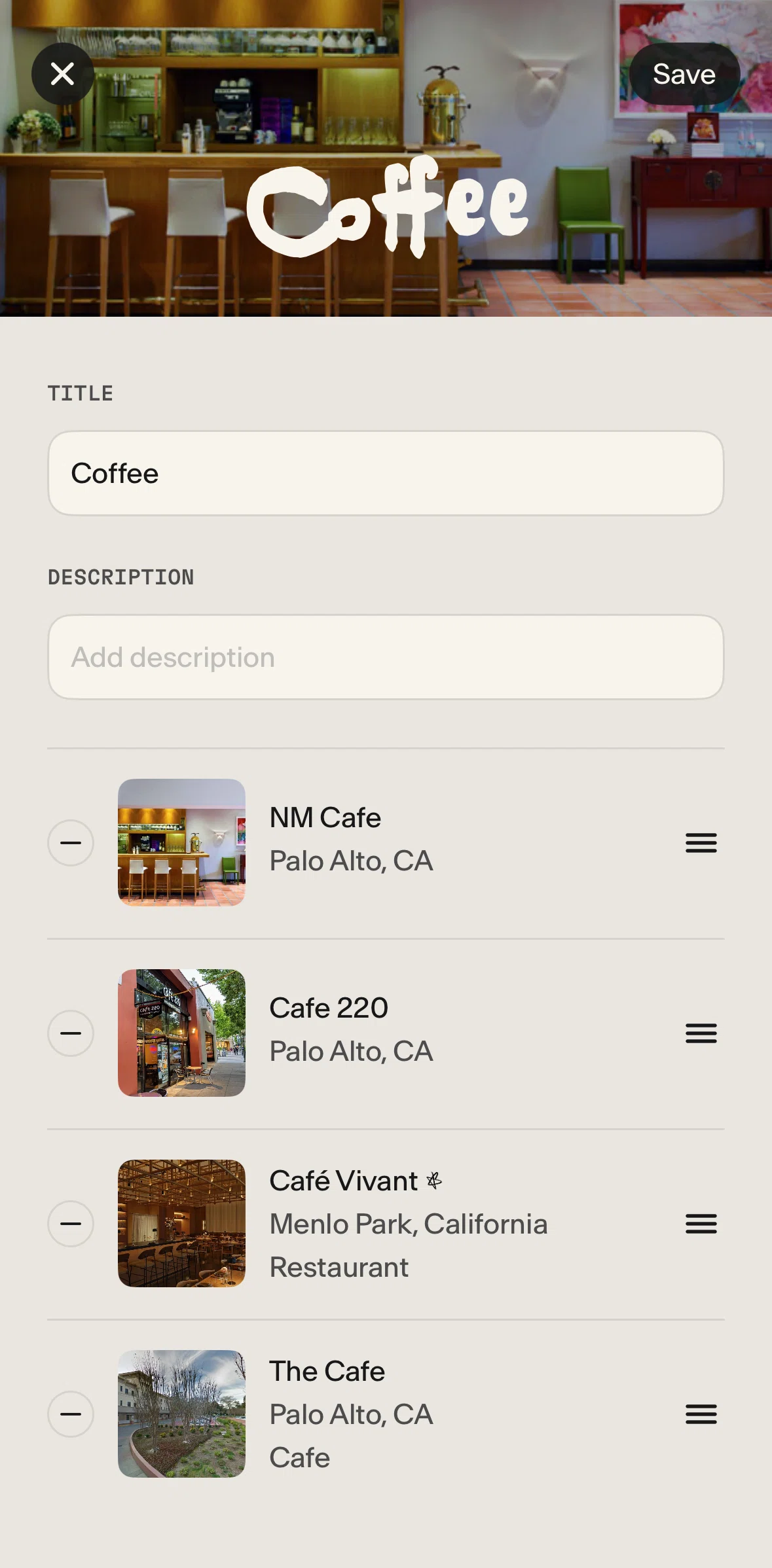 Places Screen screen in the Reordering places flow