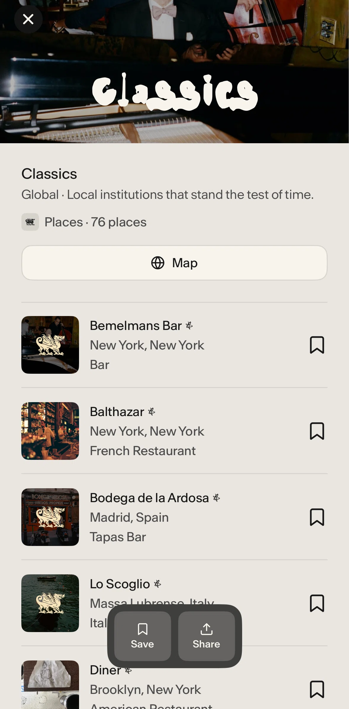 Places Screen screen in the Saving a collection flow