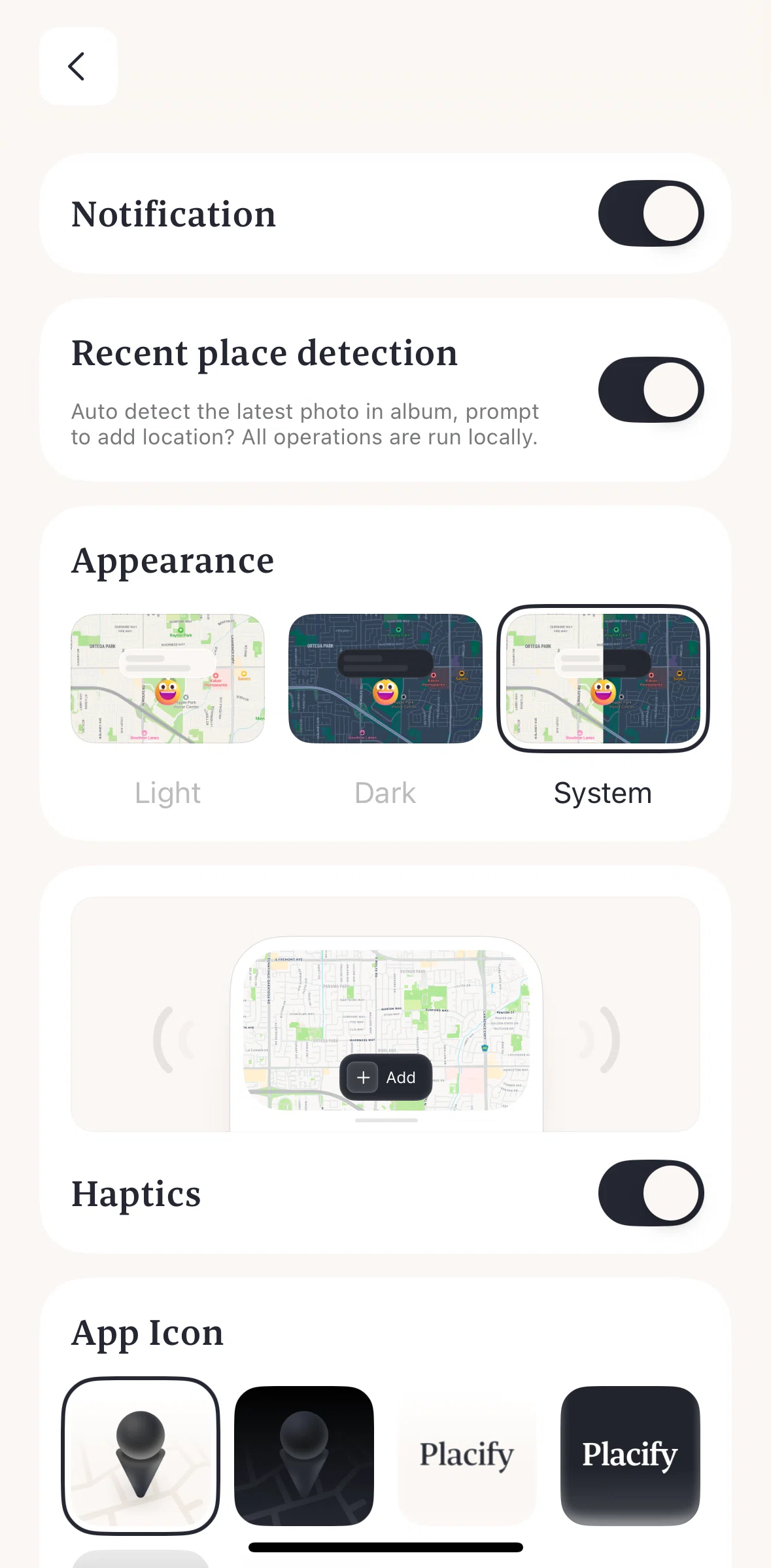 Placify Screen screen in the Changing app icon flow