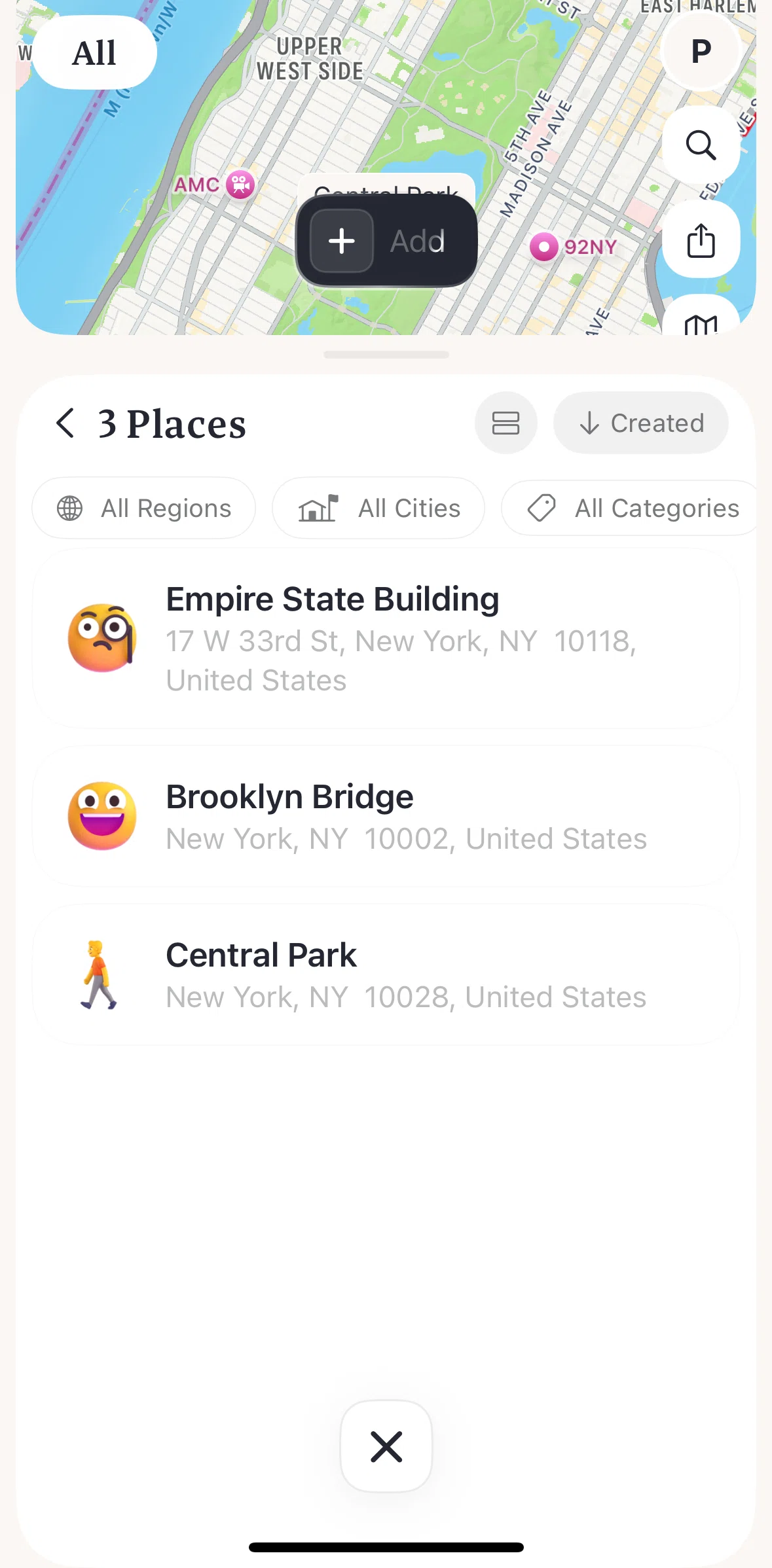 Placify Screen screen in the Filtering places flow