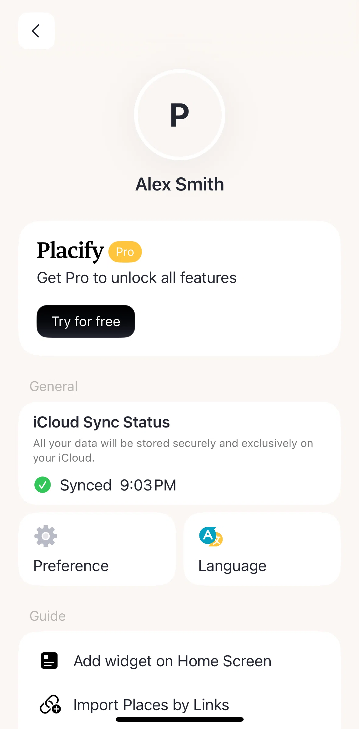 Placify Screen screen in the Preference flow