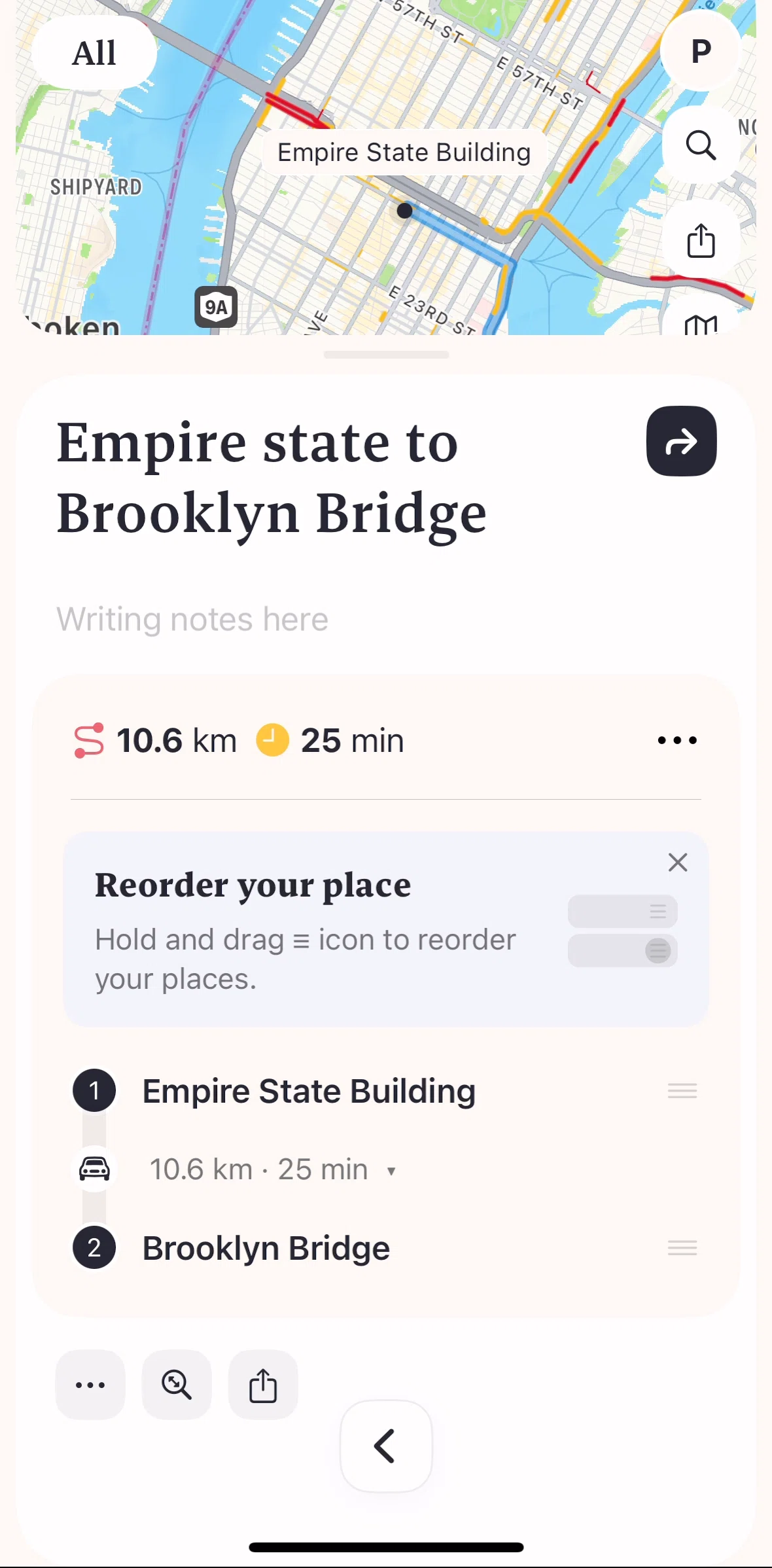 Placify Screen screen in the Reordering routes flow