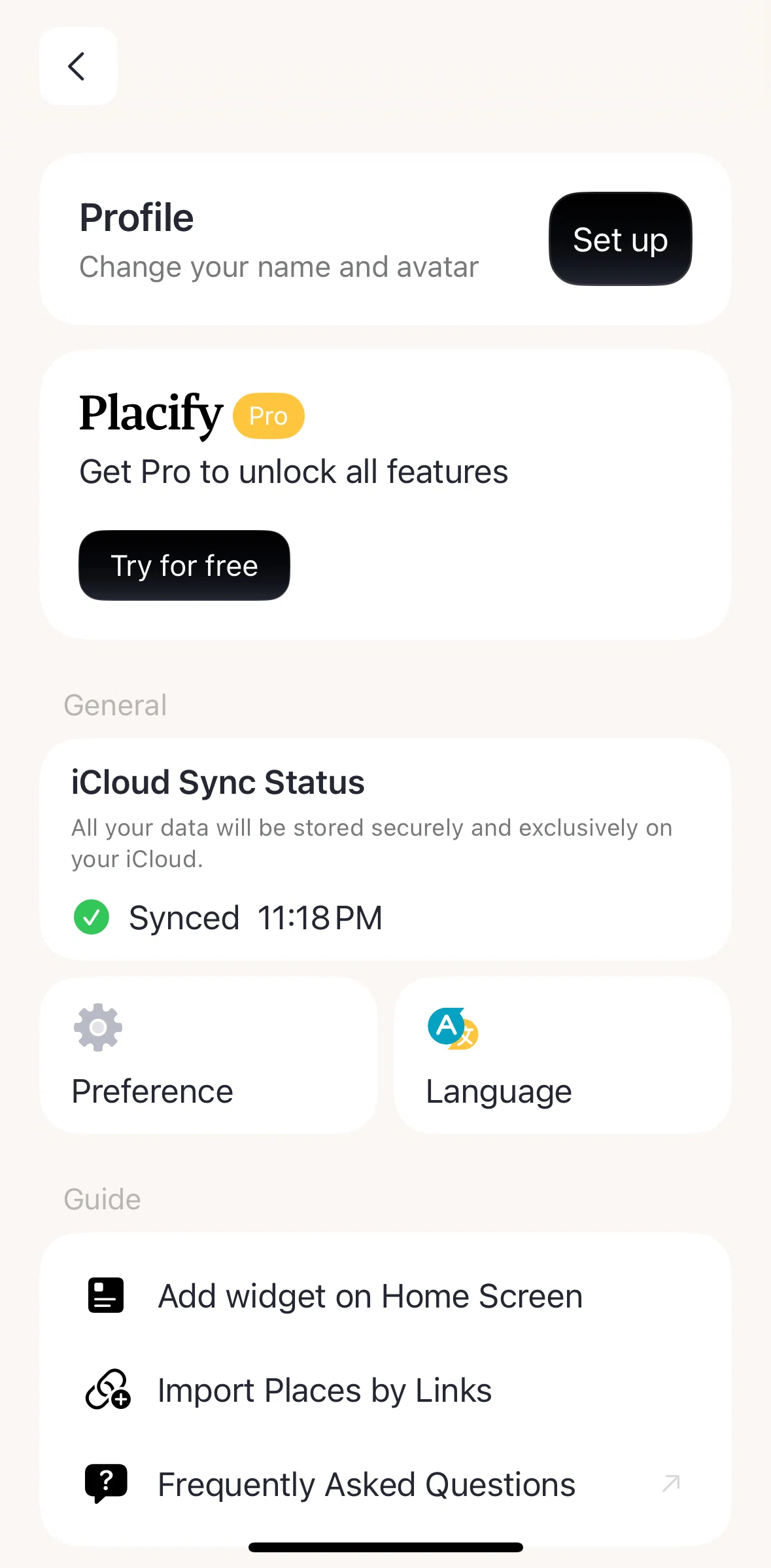 Placify Screen screen in the Setting up profile flow