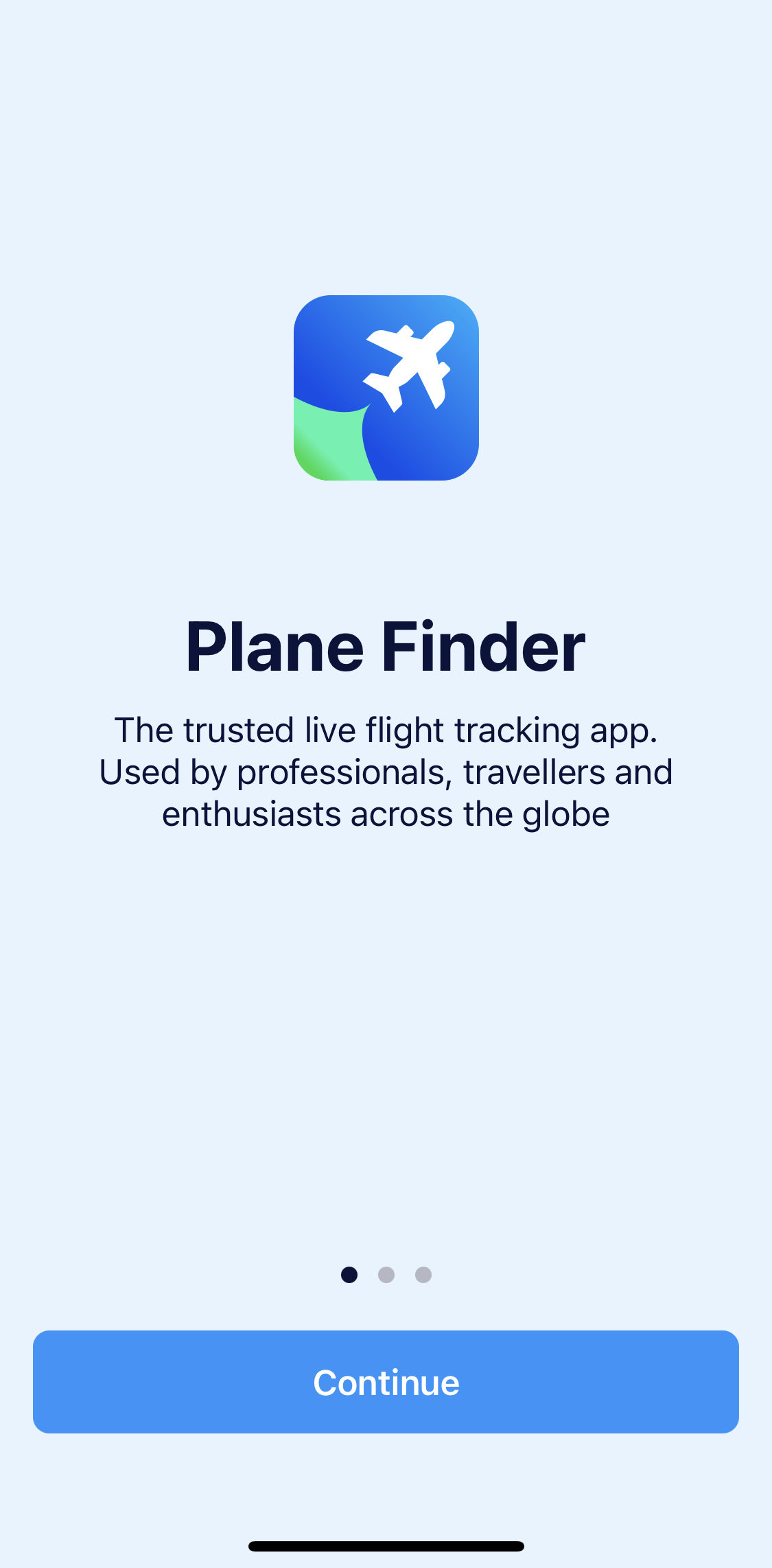 Plane Finder Welcome slides screen in the General Browsing flow