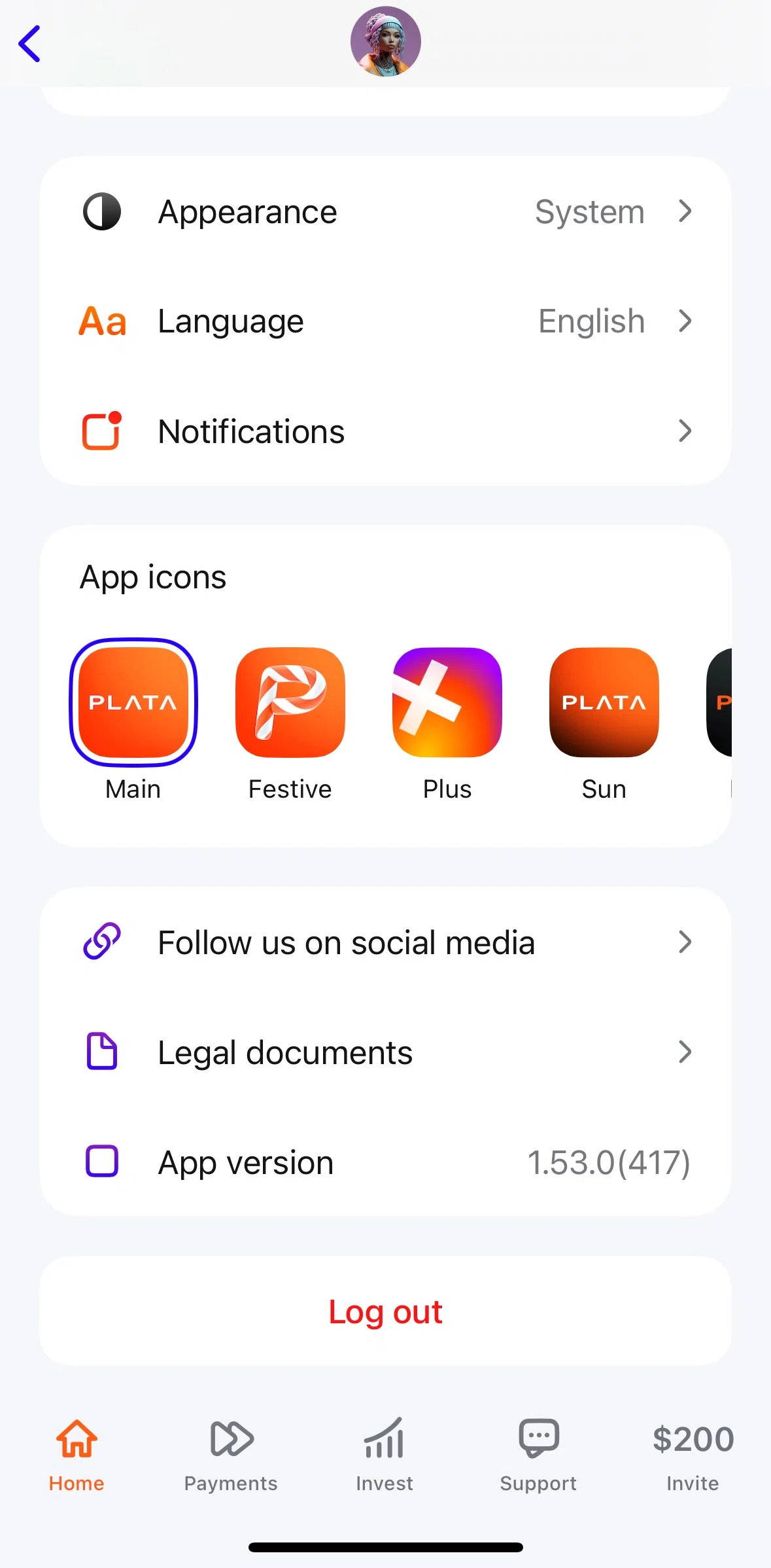 Plata Card Screen screen in the Changing app icon flow