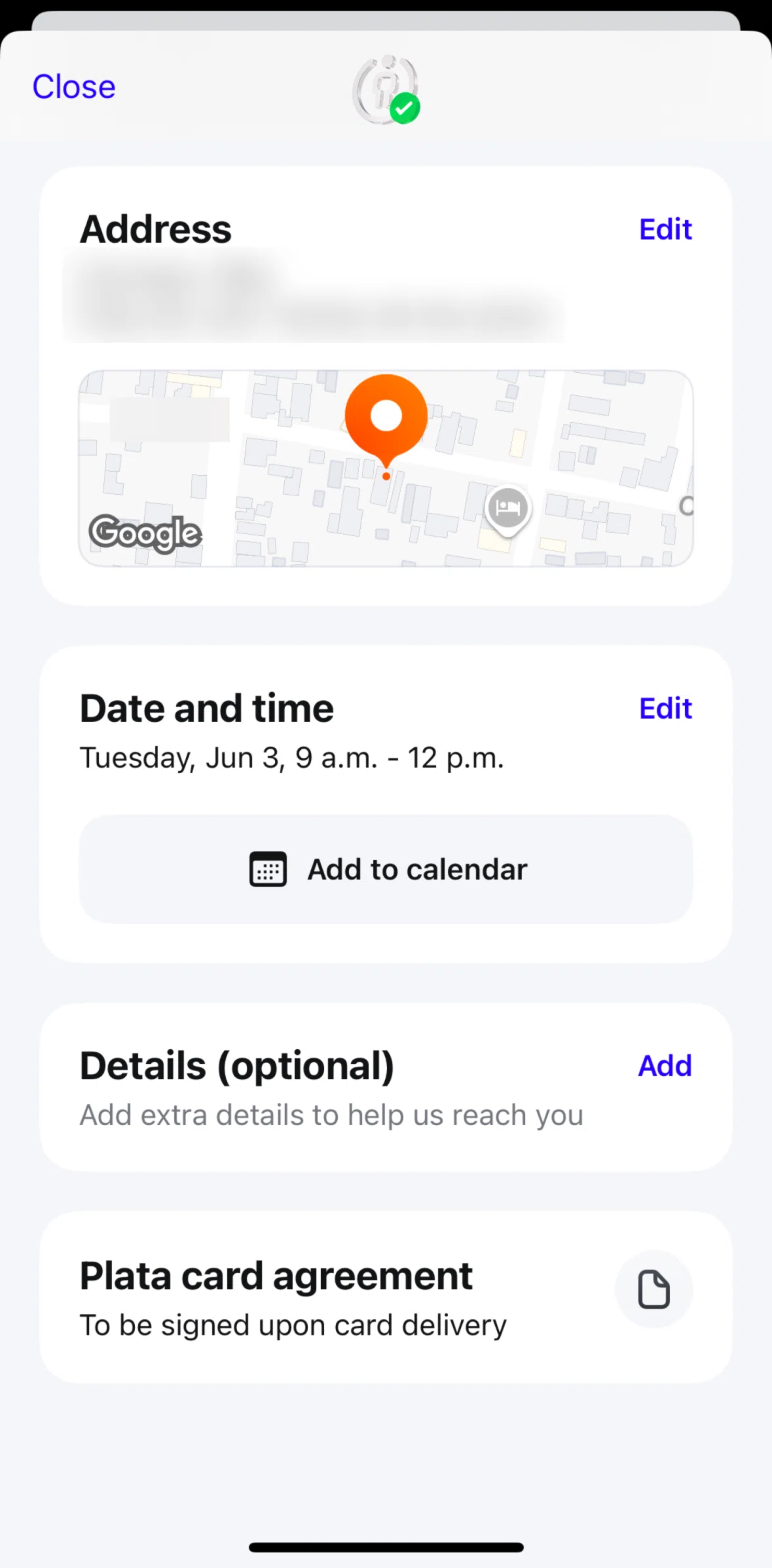Plata Card Screen screen in the Reschedule delivery flow
