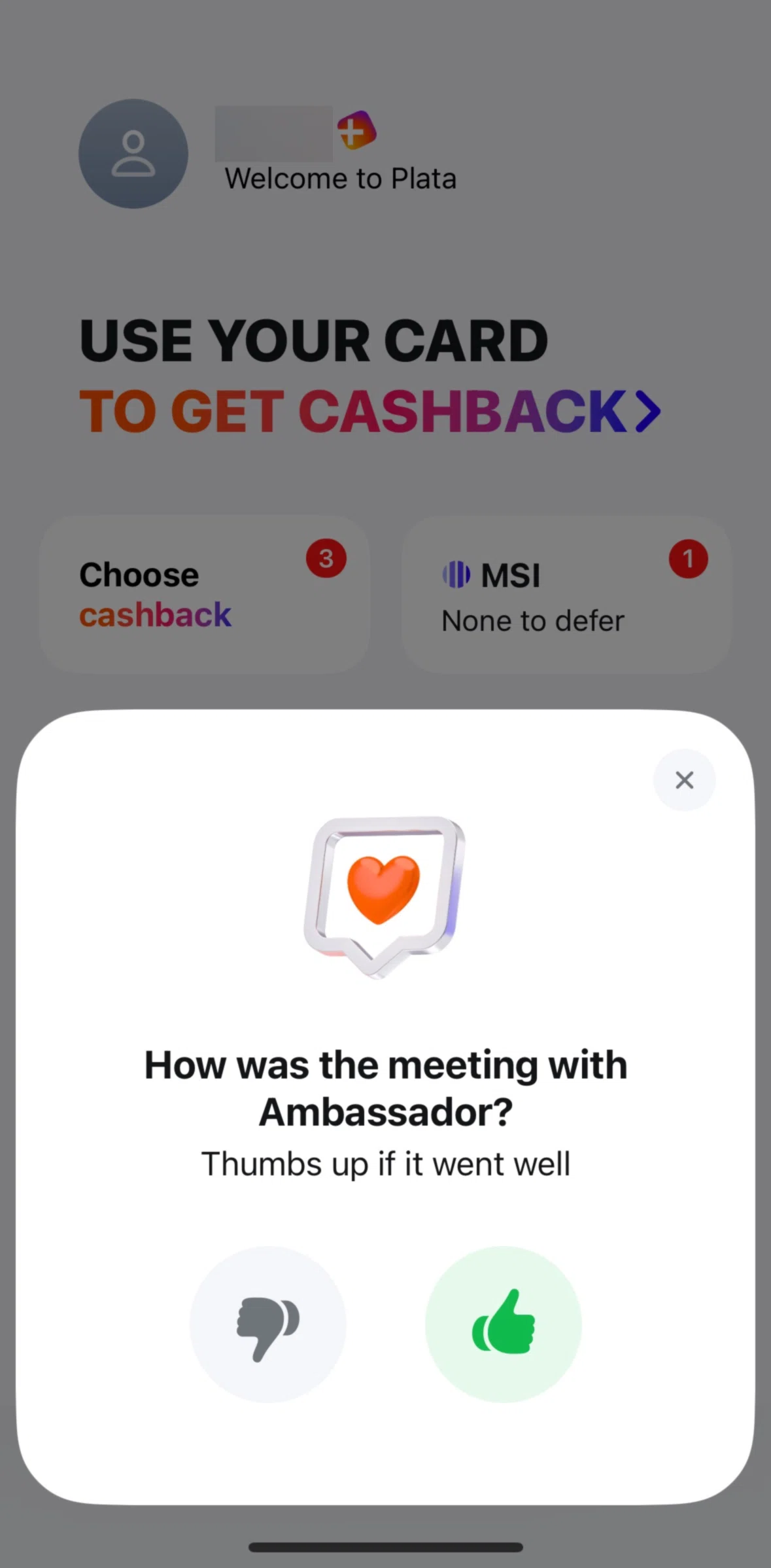 Plata Card Screen screen in the Sending feedback flow