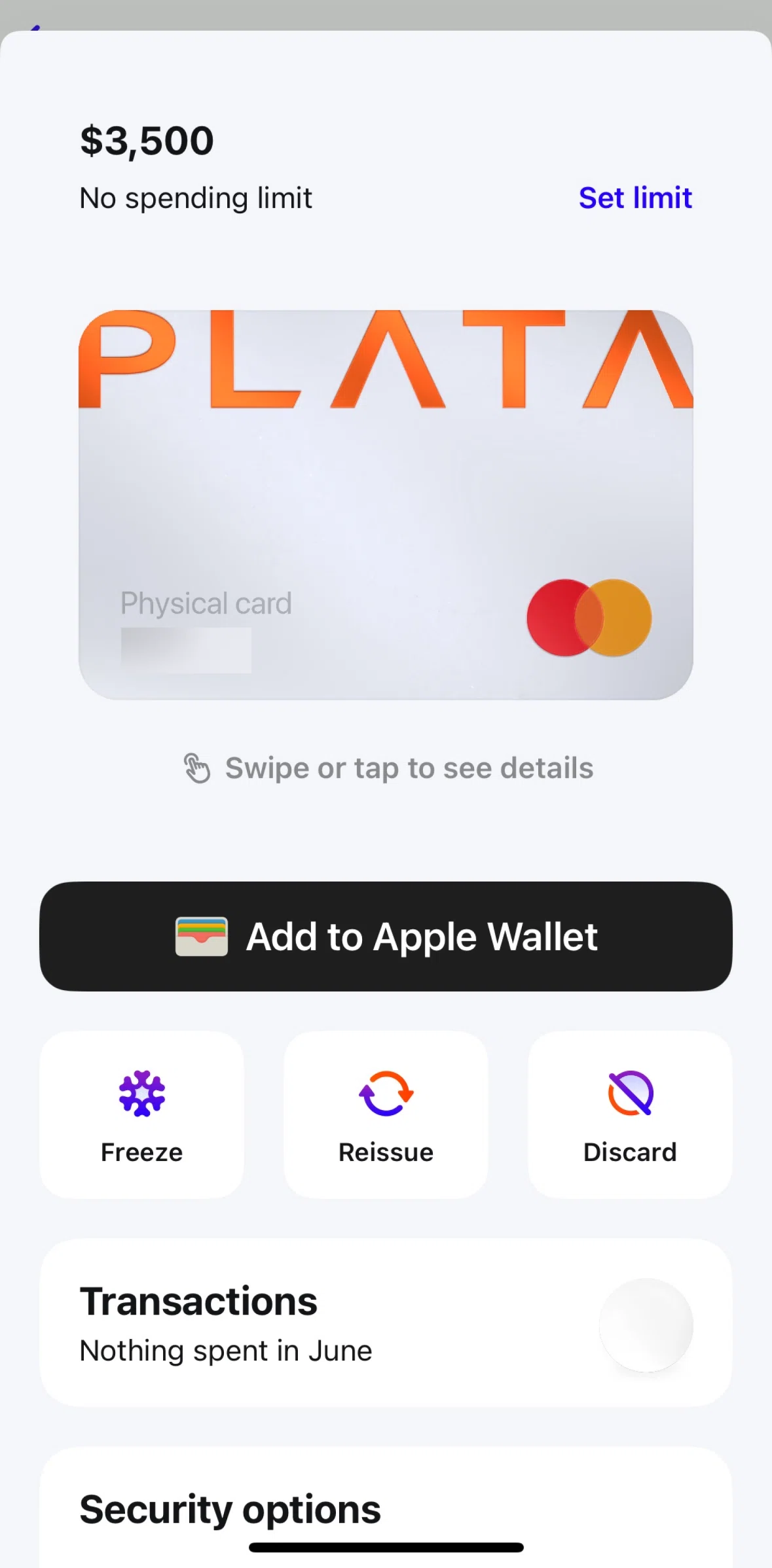 Plata Card Screen screen in the Set limit flow
