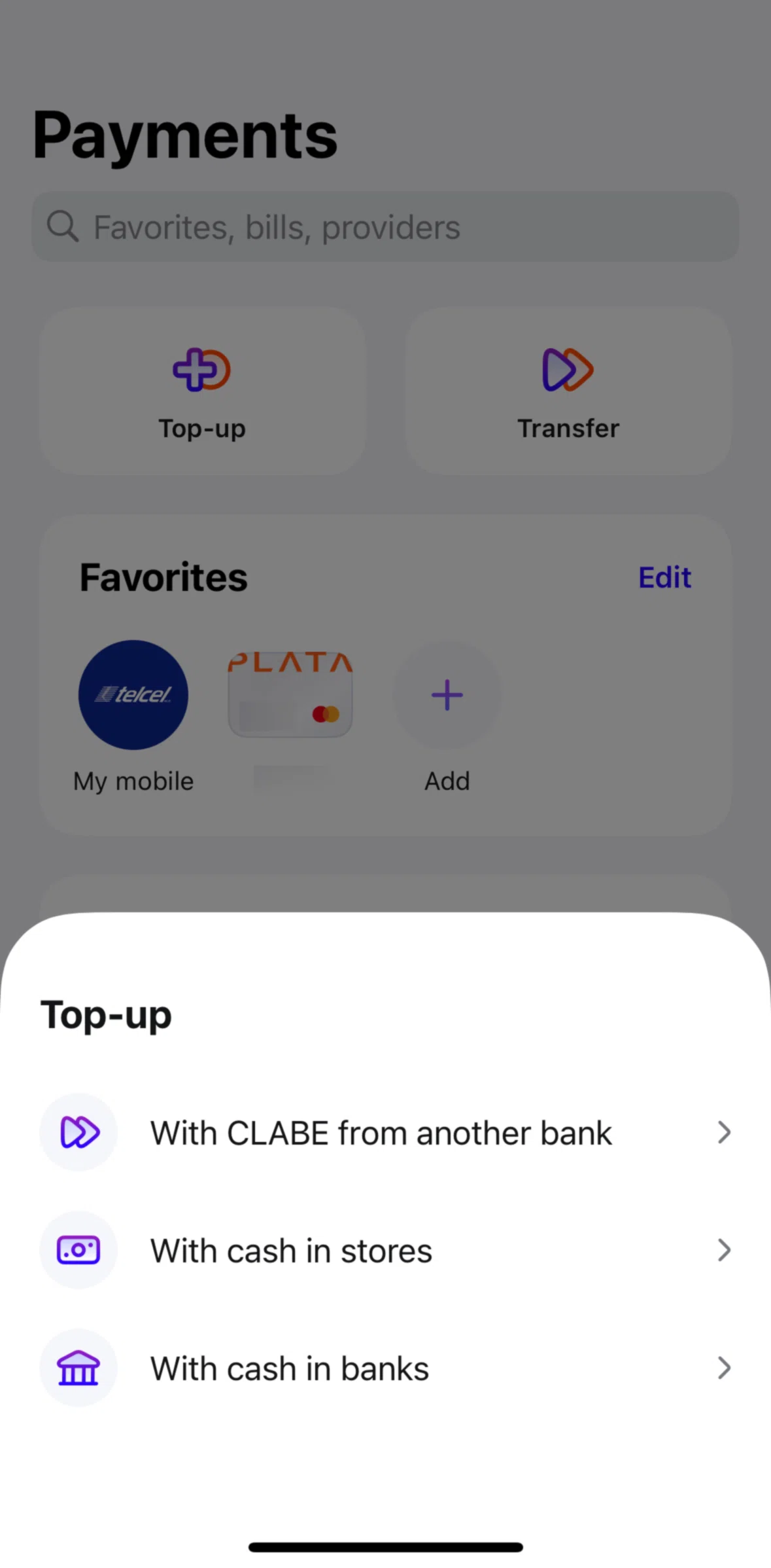 Plata Card Screen screen in the Top up with cash in banks flow
