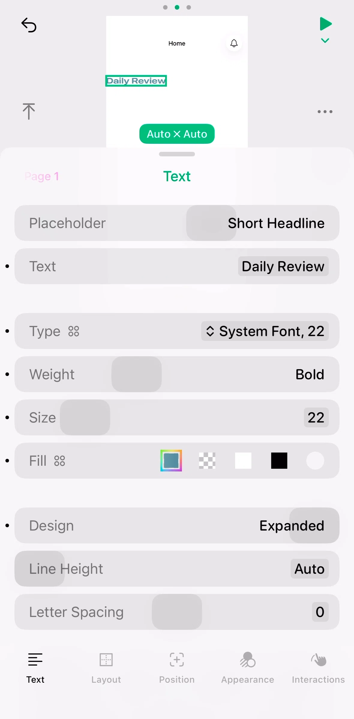 Play Screen screen in the Changing text layout settings flow