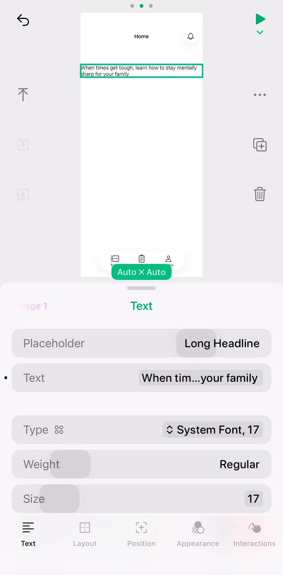 Play Screen screen in the Editing text flow