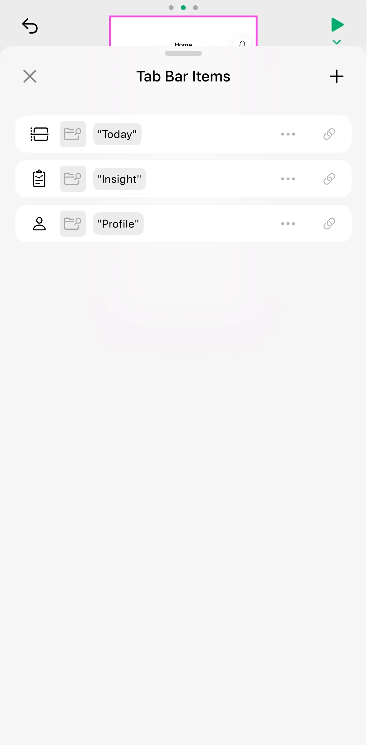 Play Screen screen in the Linking a tab item flow