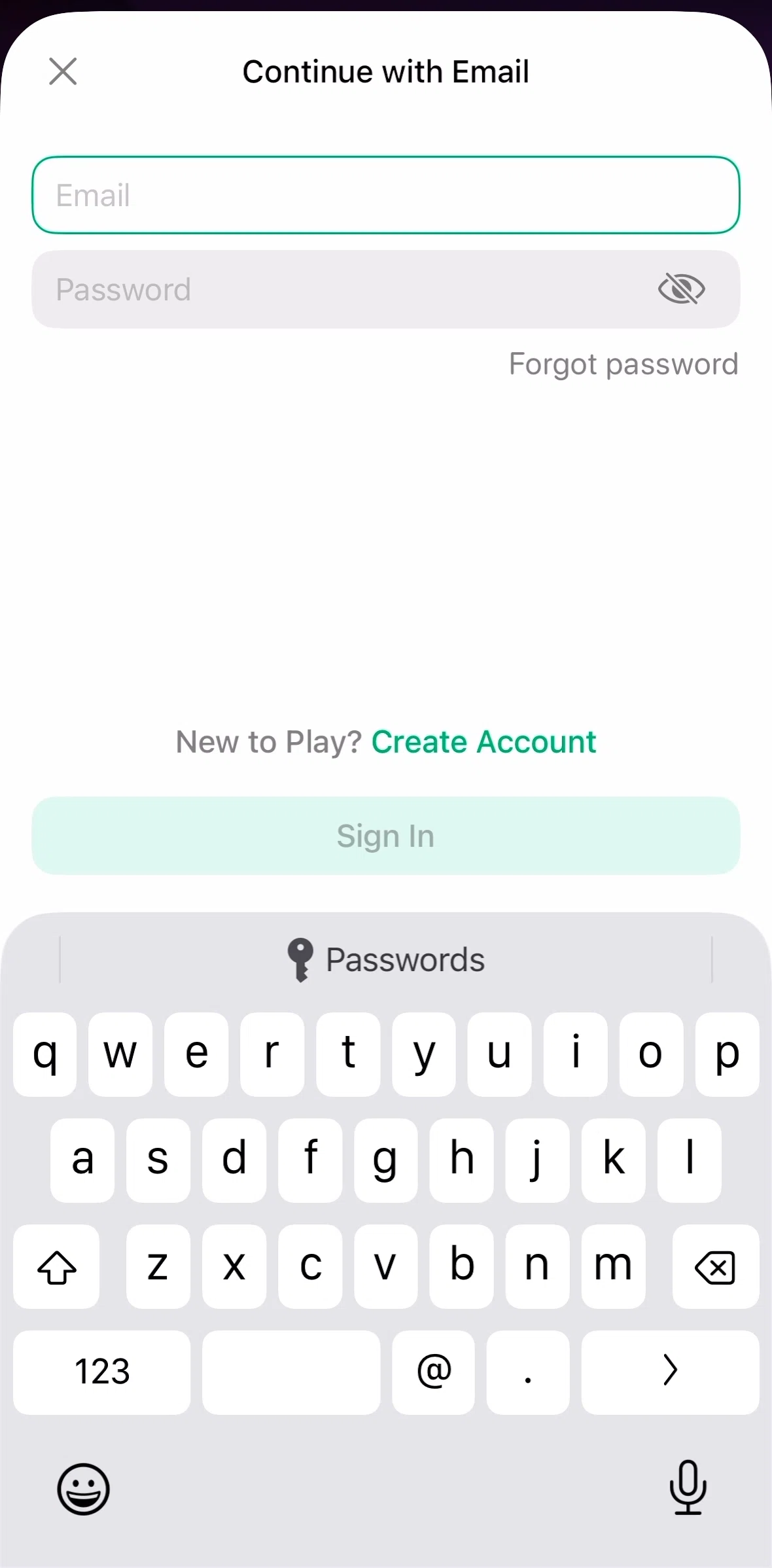 Play Screen screen in the Resetting password flow