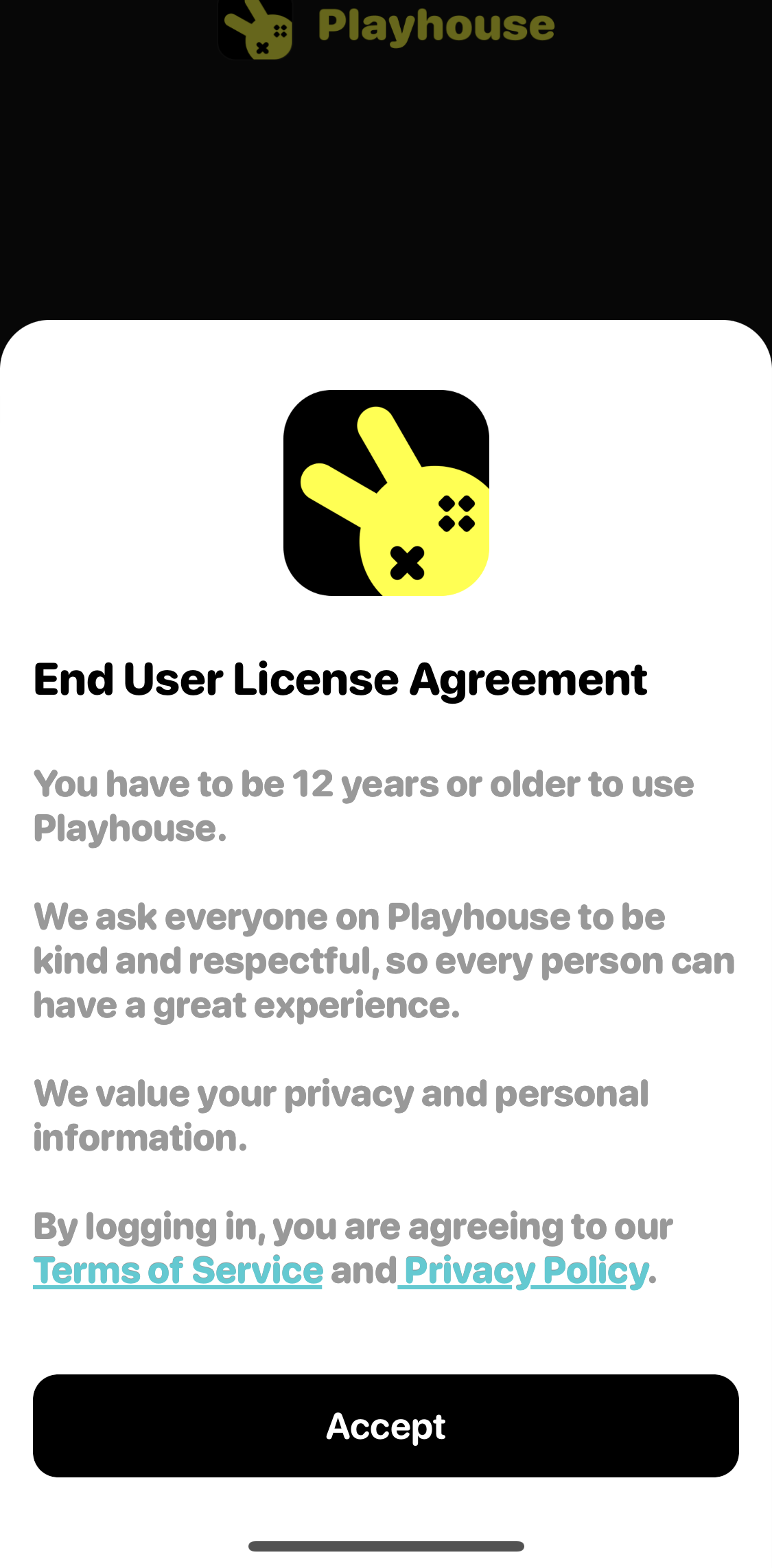Playhouse Agree to terms screen in the General Browsing flow
