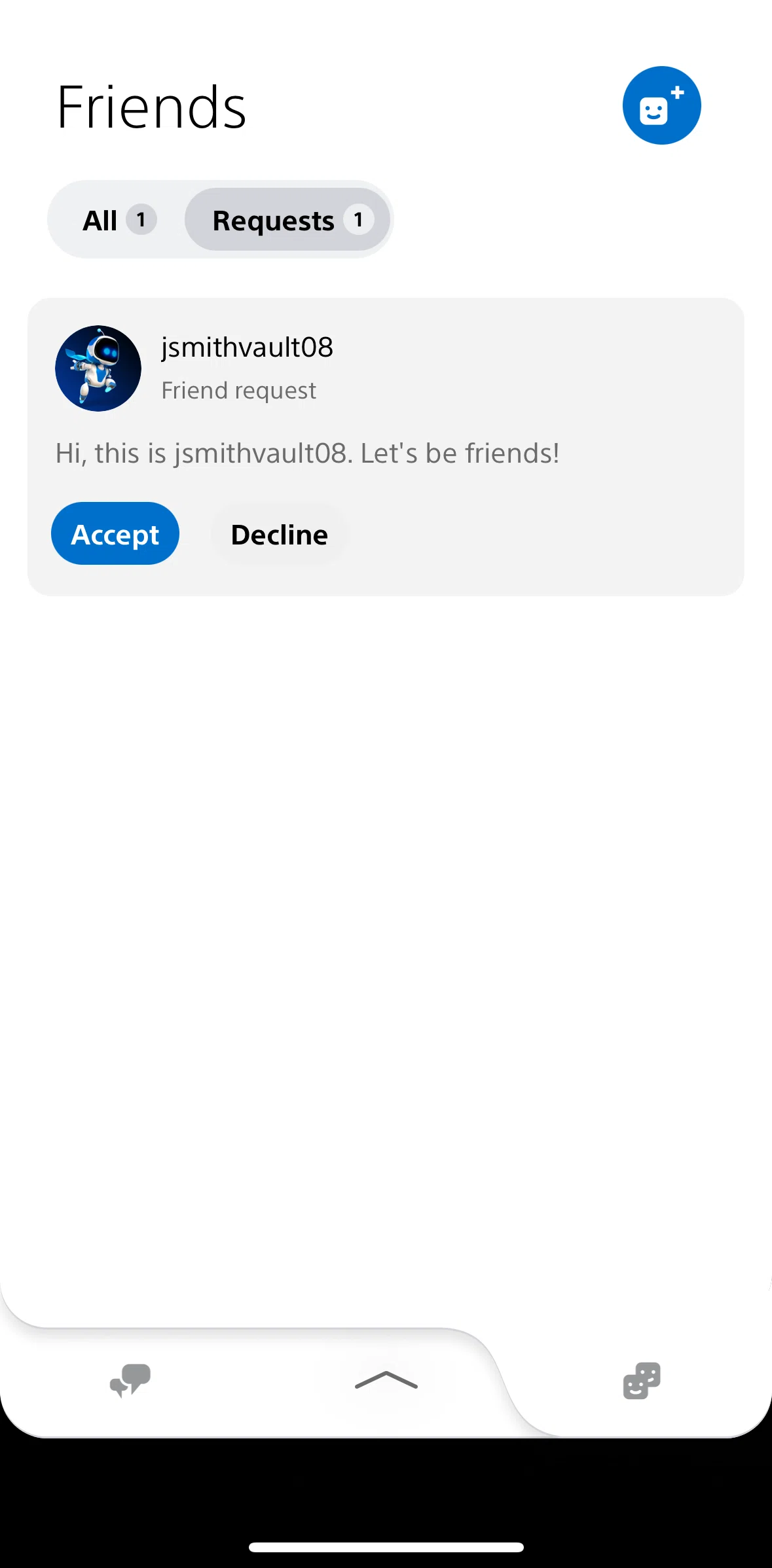 PlayStation App Screen screen in the Accepting a friend request flow