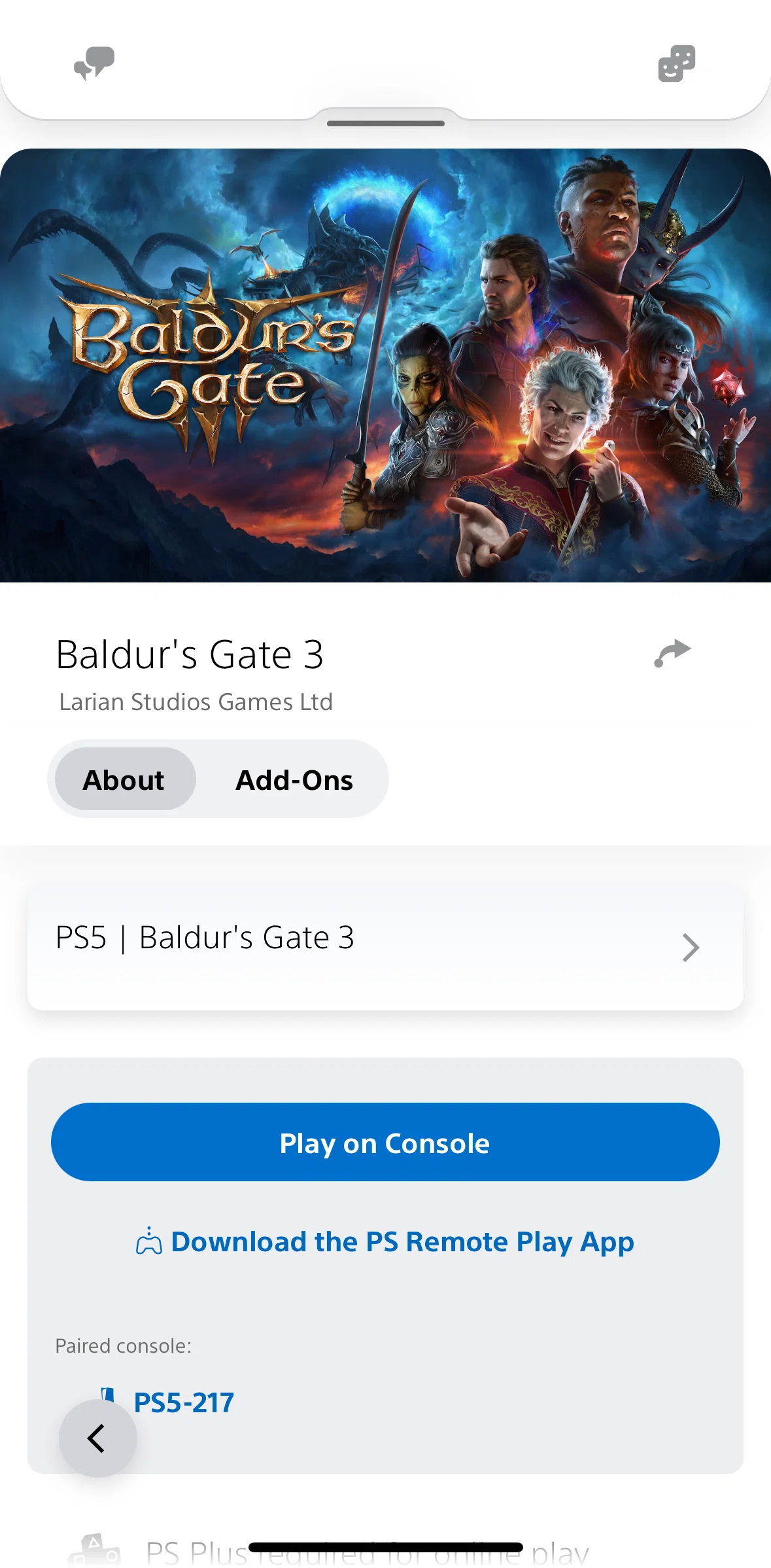 PlayStation App Screen screen in the Add-ons flow