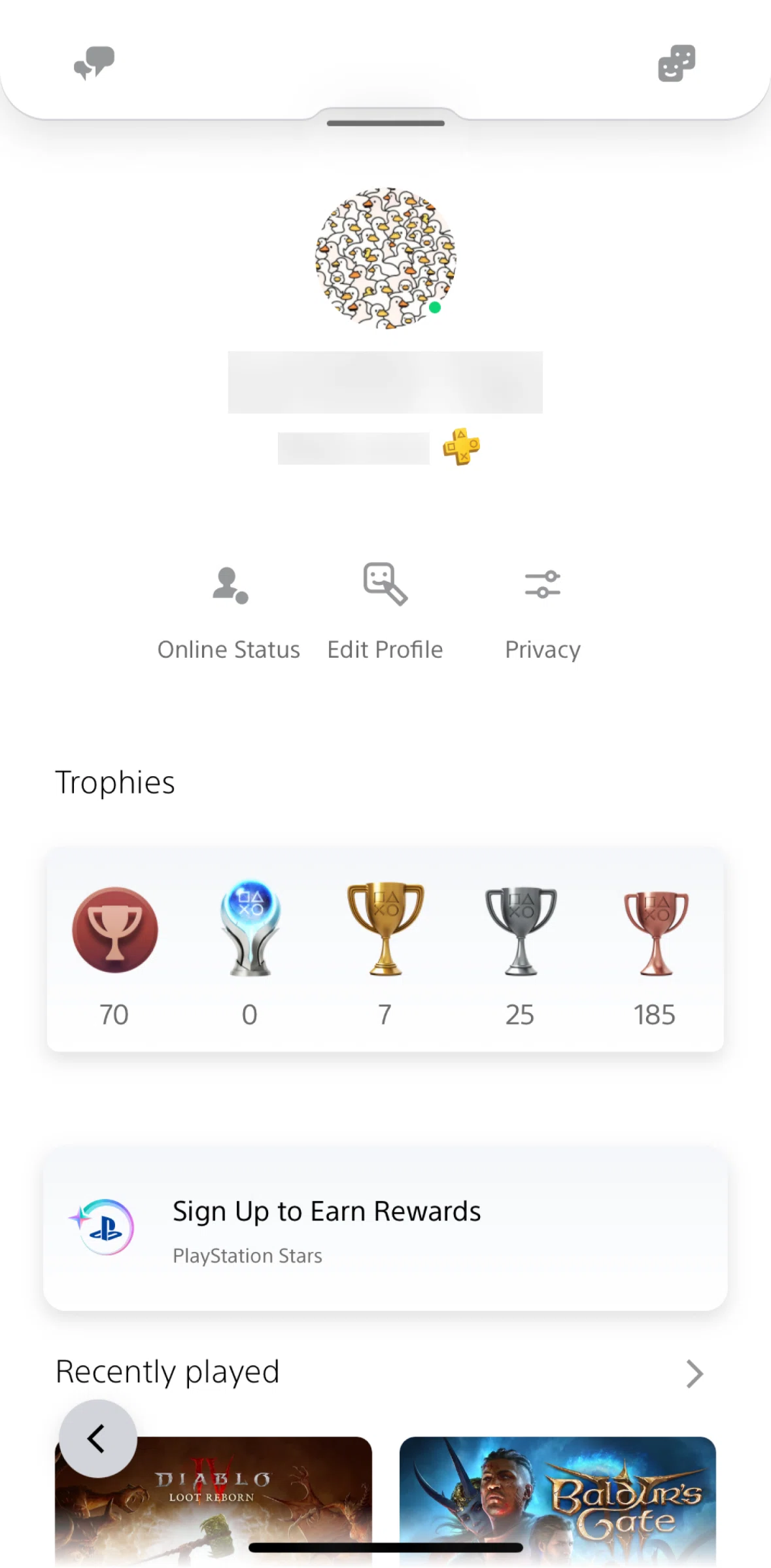 PlayStation App Screen screen in the Changing my status flow