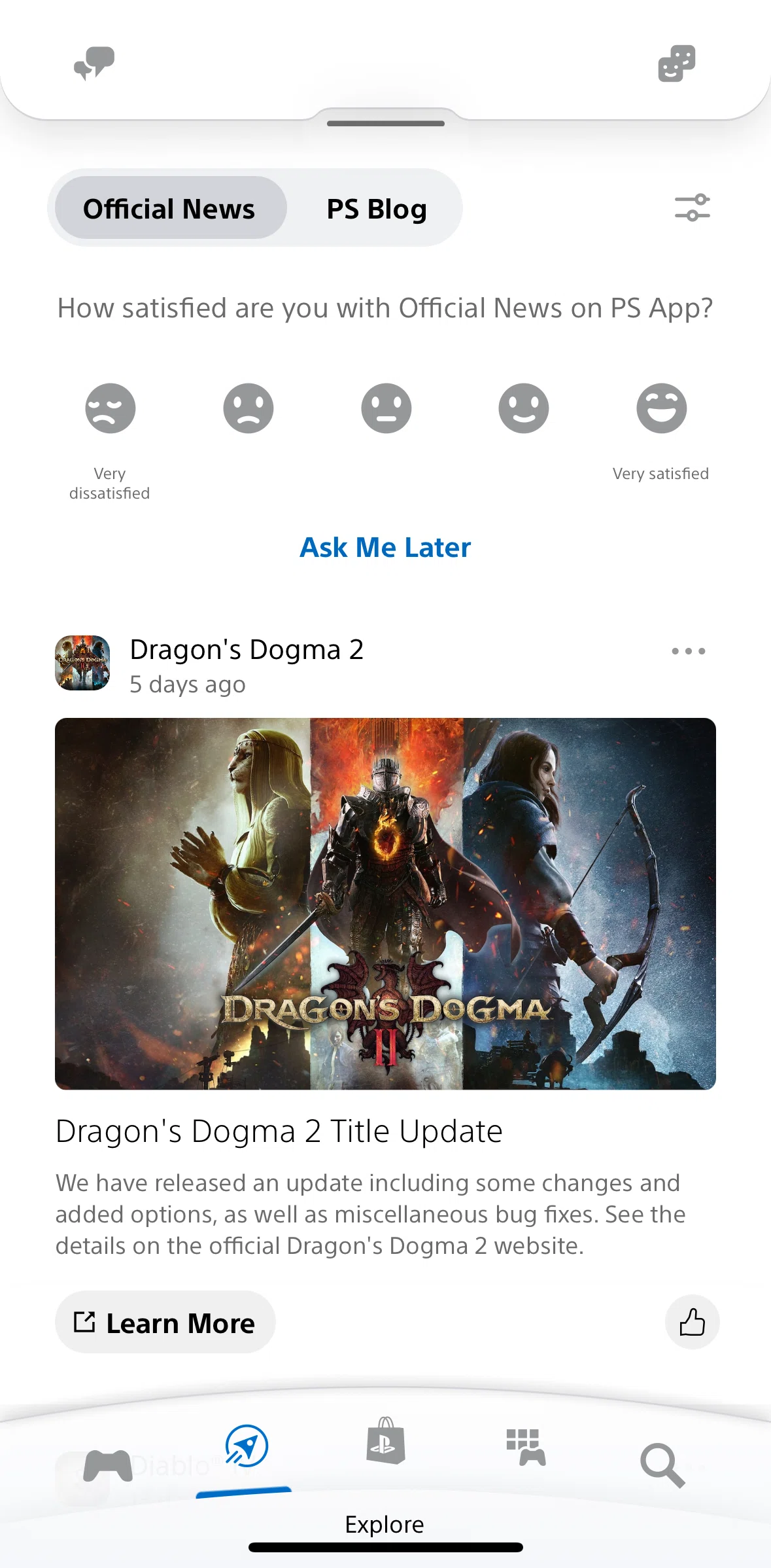PlayStation App Screen screen in the Giving a feedback to an app feature flow