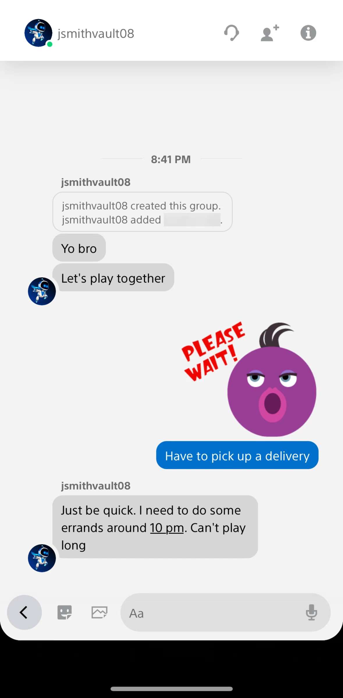 PlayStation App Screen screen in the Reacting to a message flow