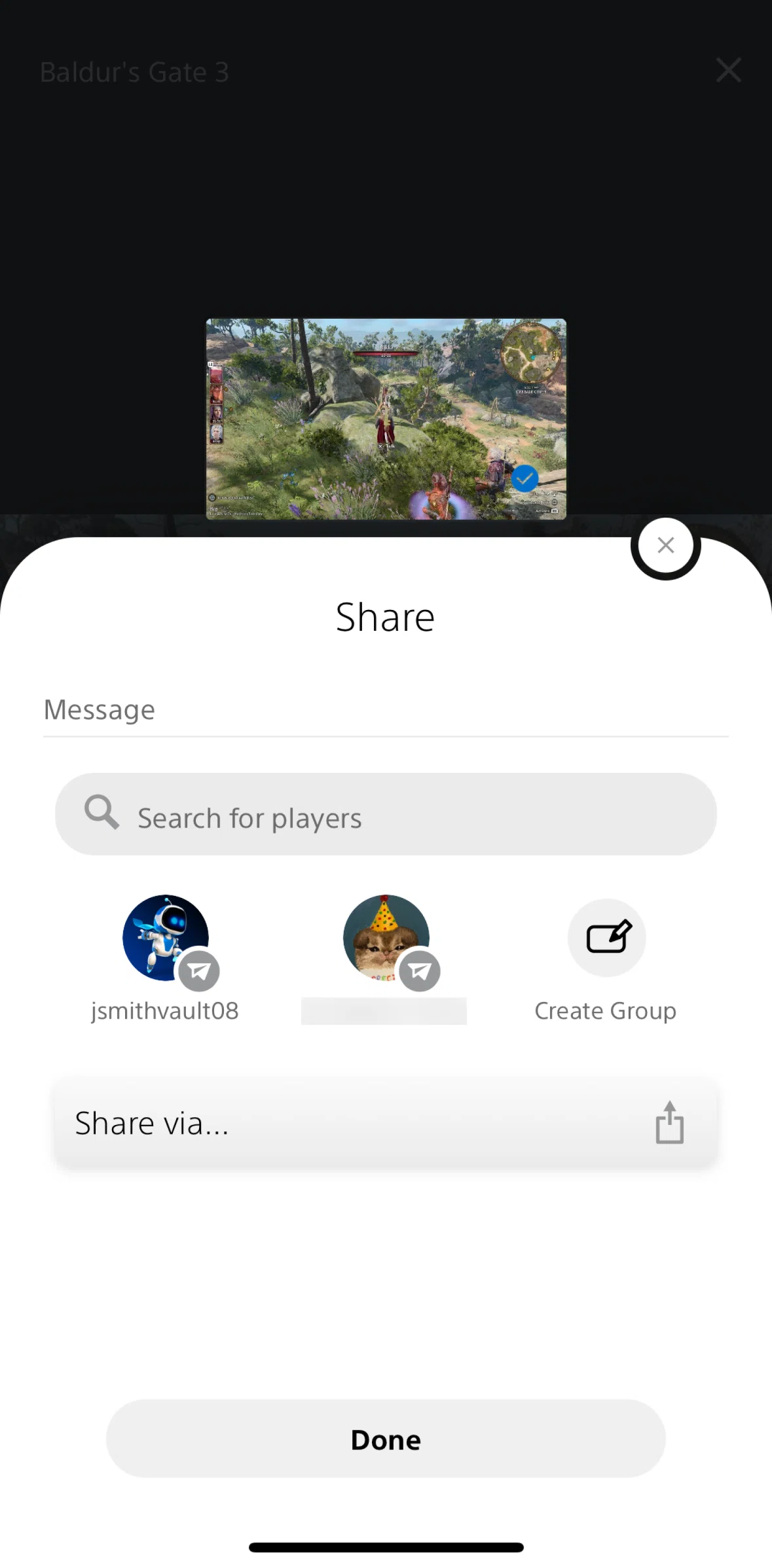 PlayStation App Screen screen in the Sharing a capture via other apps flow