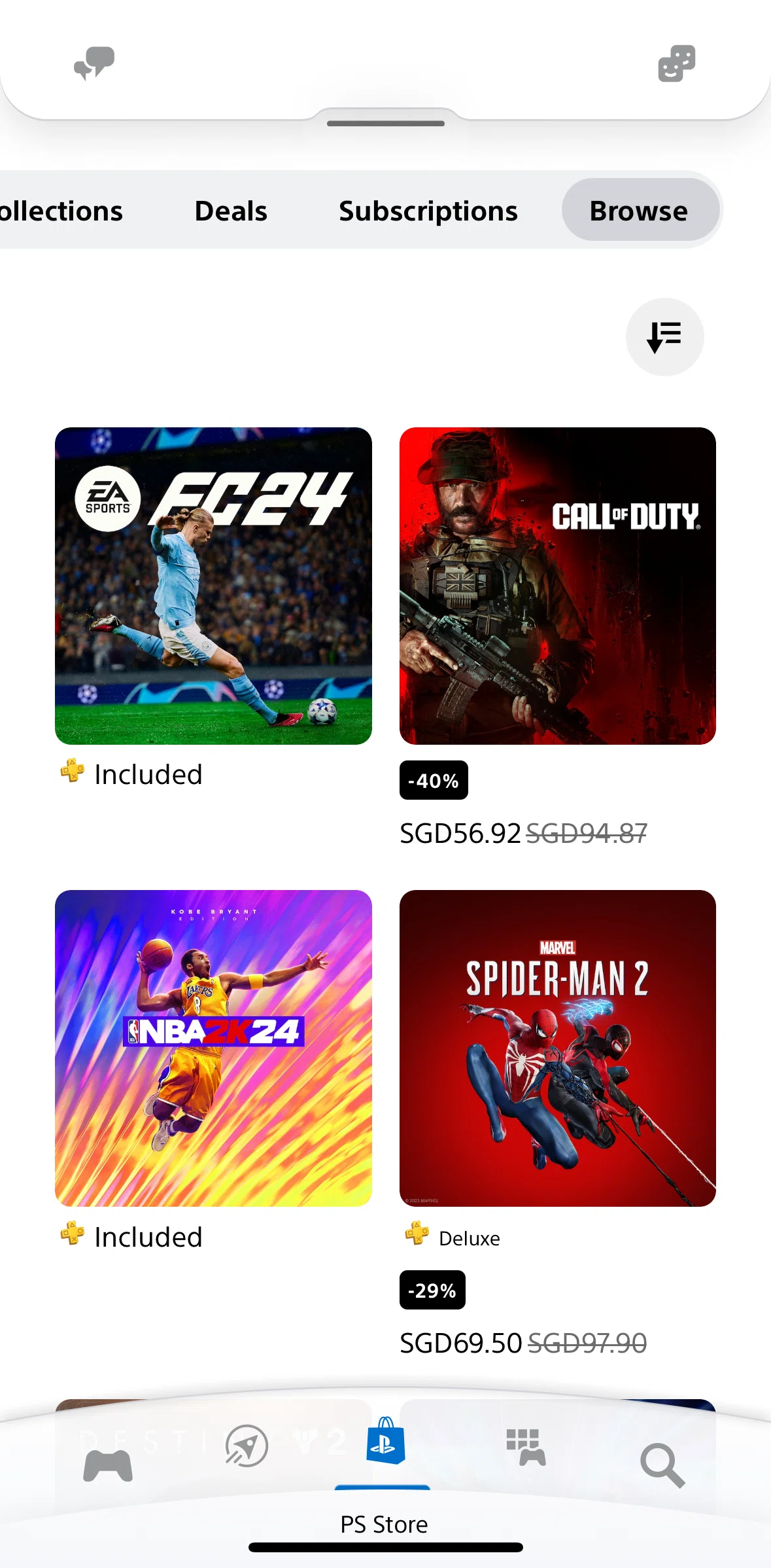 PlayStation App Screen screen in the Sorting and filtering games flow