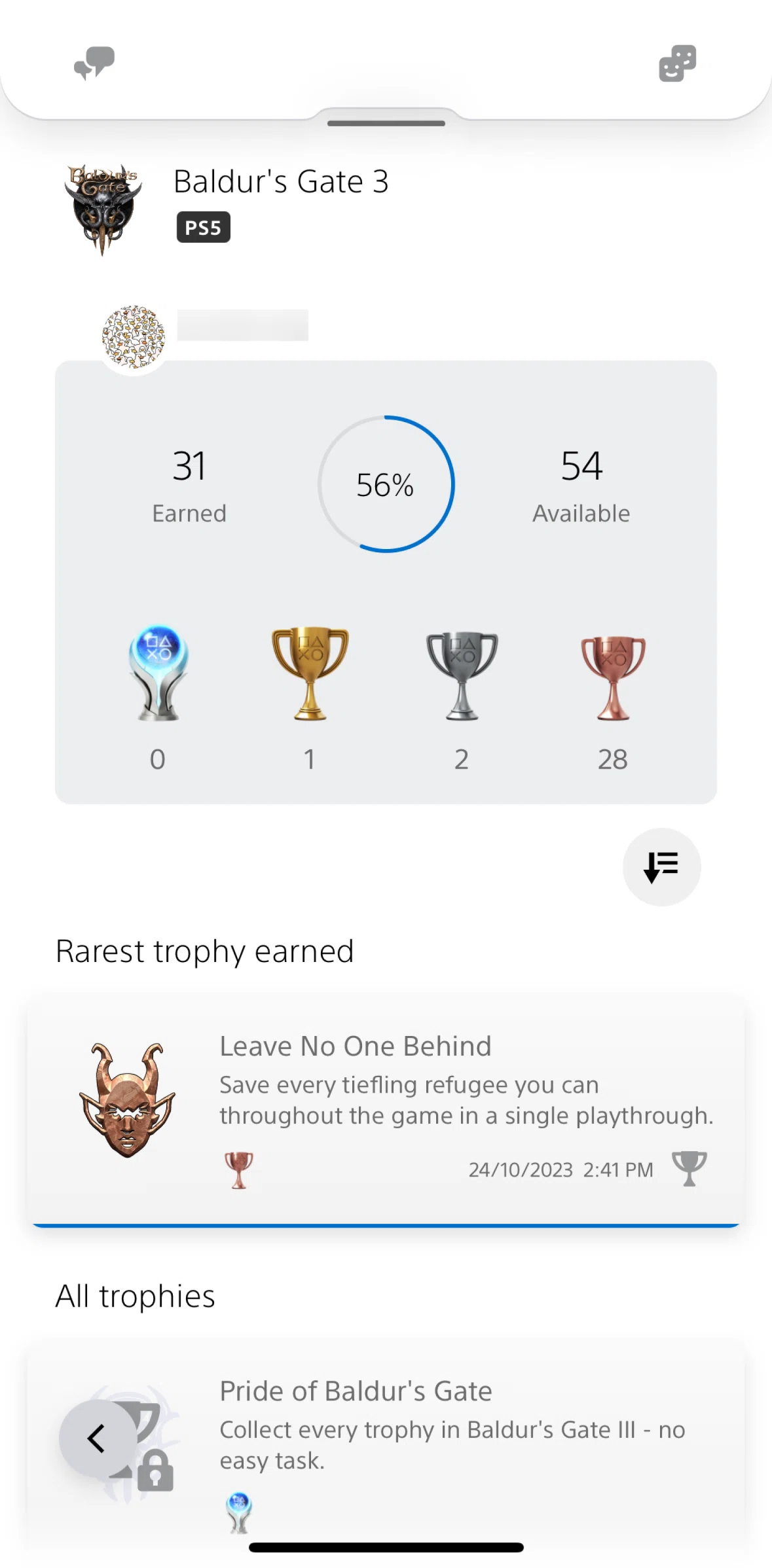 PlayStation App Screen screen in the Sorting trophies flow