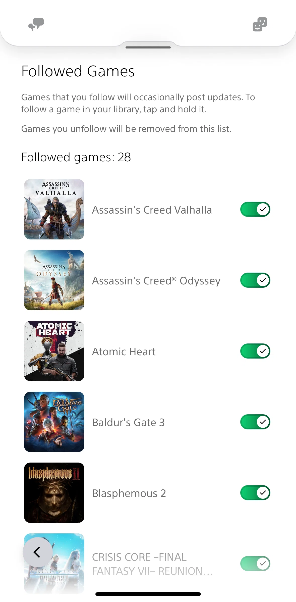 PlayStation App Screen screen in the Unfollowing a game flow