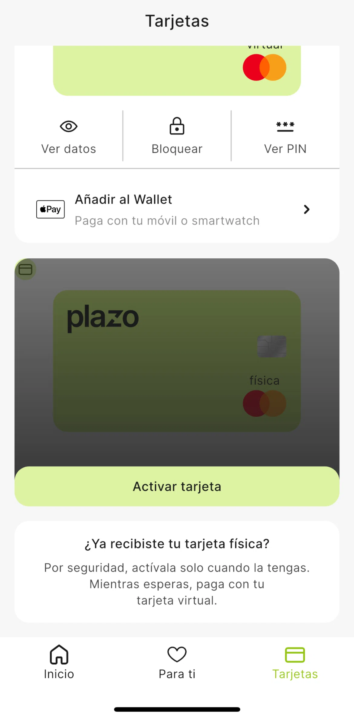 Plazo Screen screen in the Activating card flow
