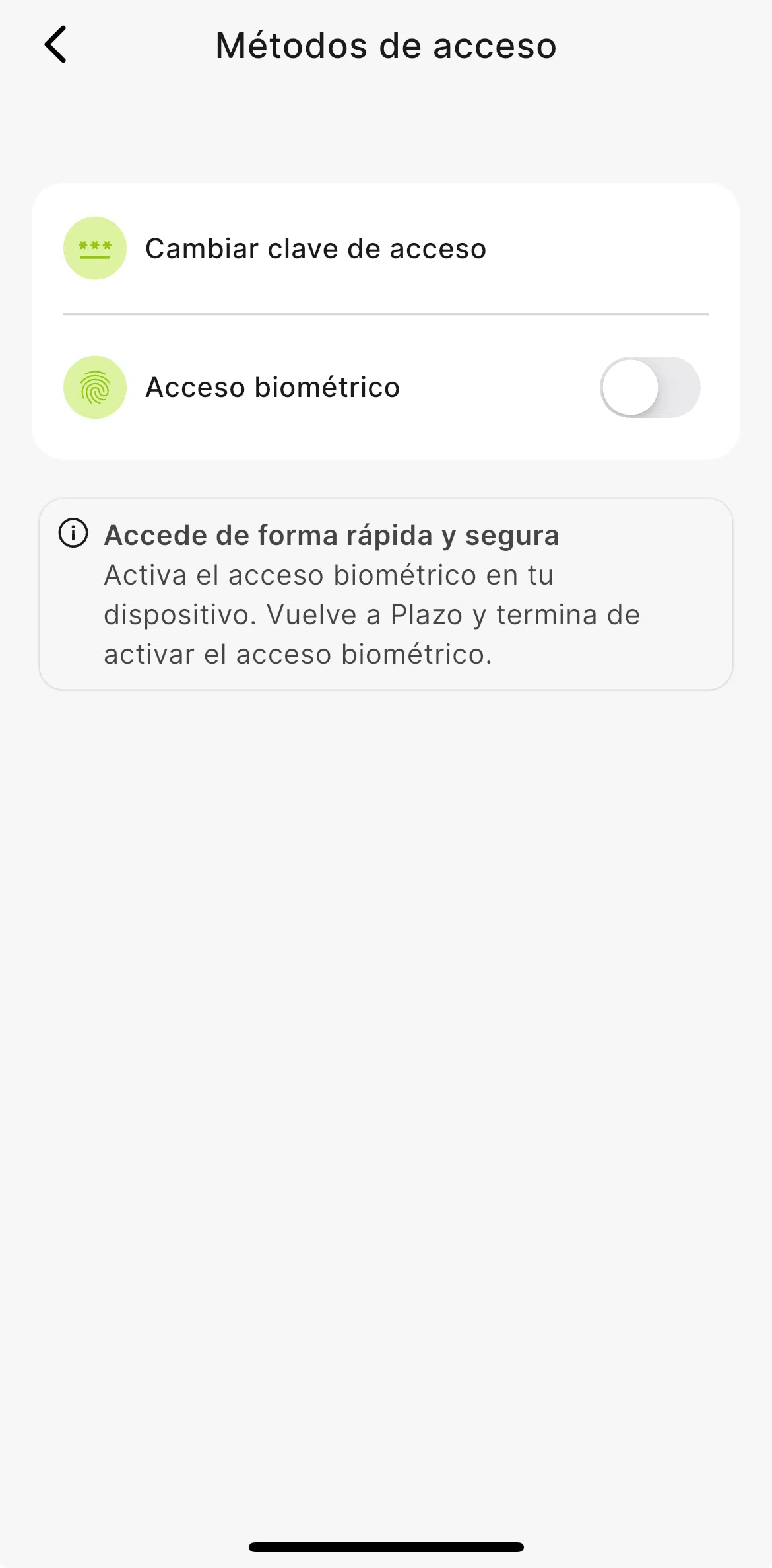 Plazo Screen screen in the Enabling biometric access flow