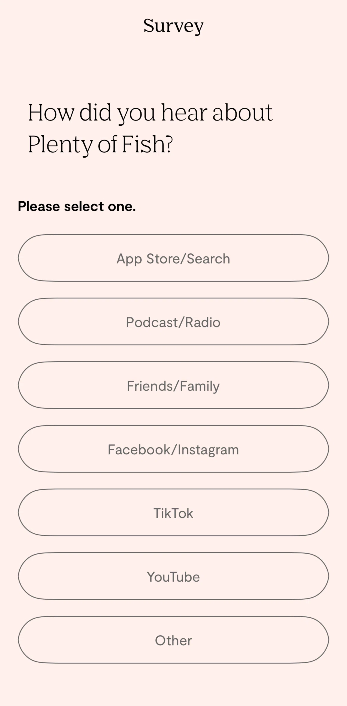 Plenty of Fish Screen screen in the Completing a survey flow