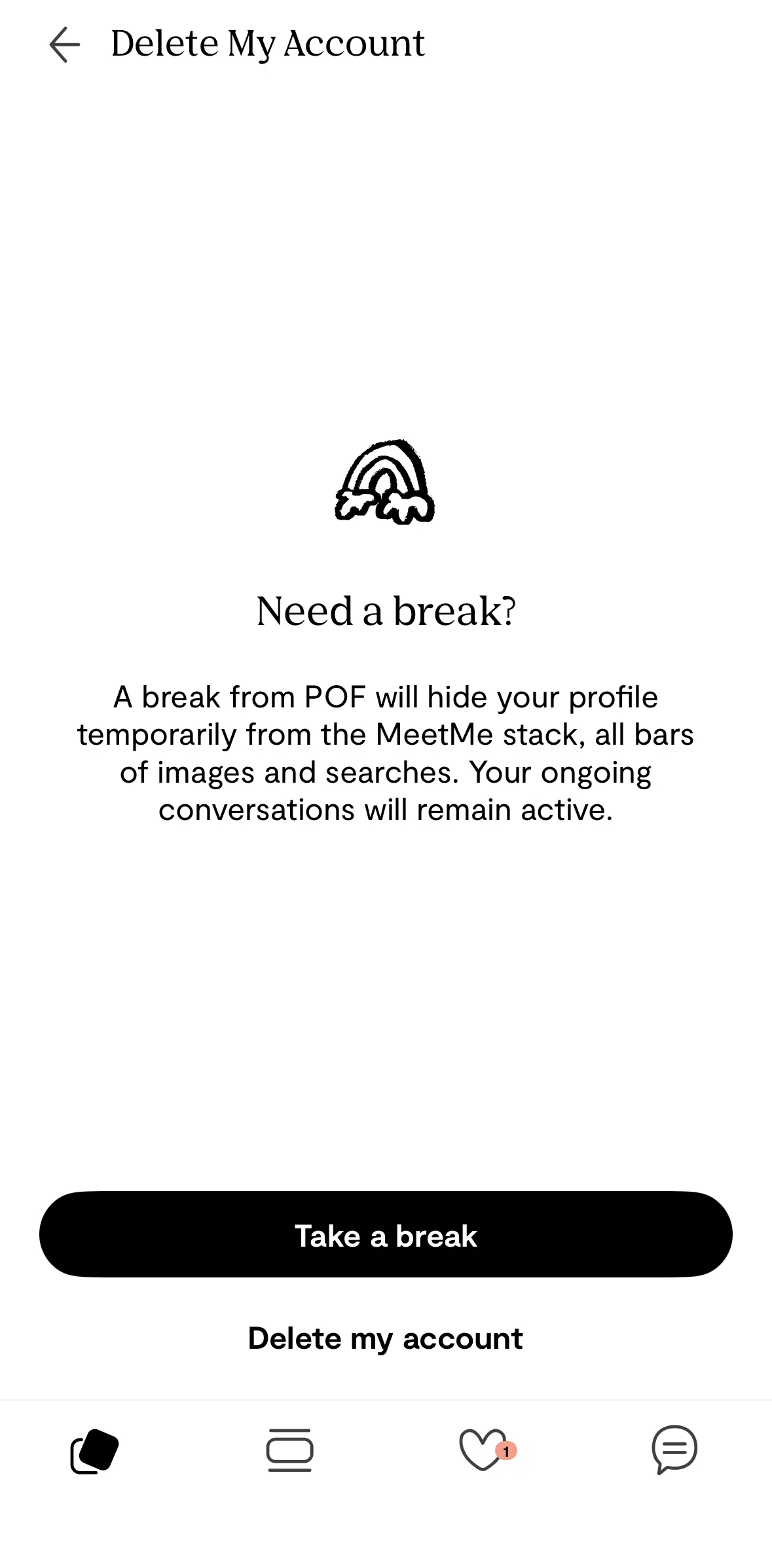 Plenty of Fish Screen screen in the Taking a break flow
