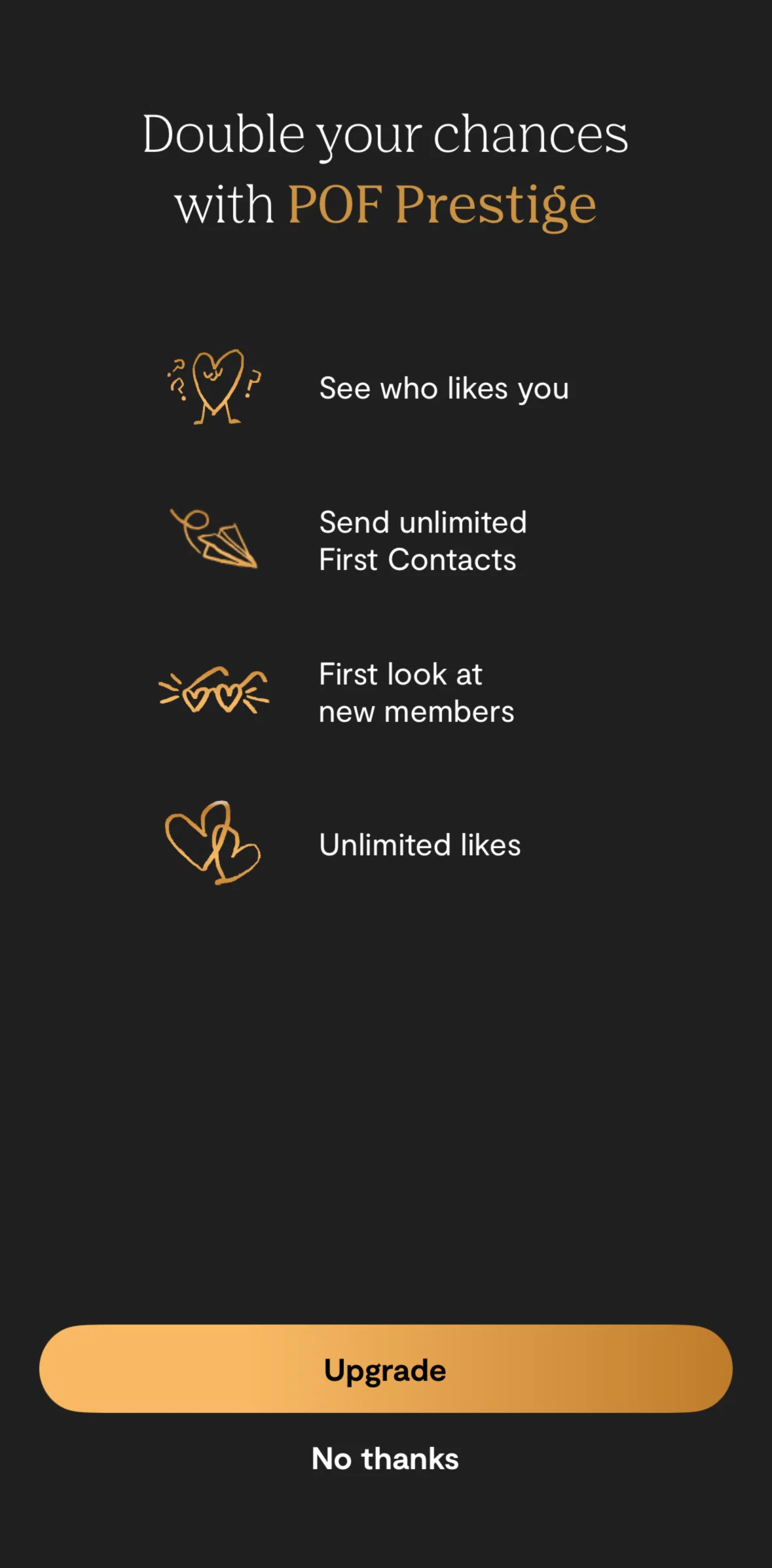 Plenty of Fish Screen screen in the Upgrade to POF Prestige flow