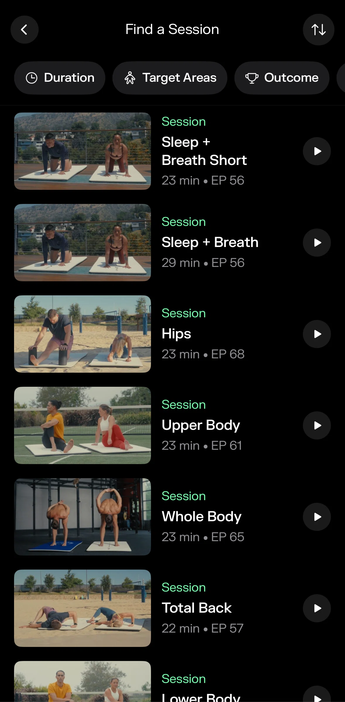 pliability Screen screen in the Sorting sessions flow