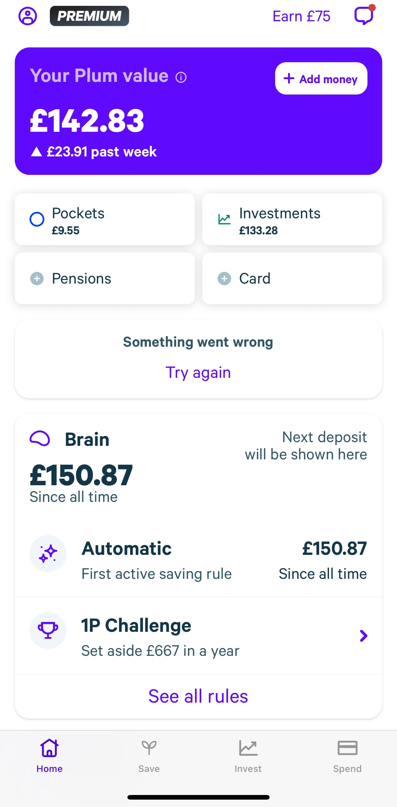 Plum Screen screen in the Invest flow