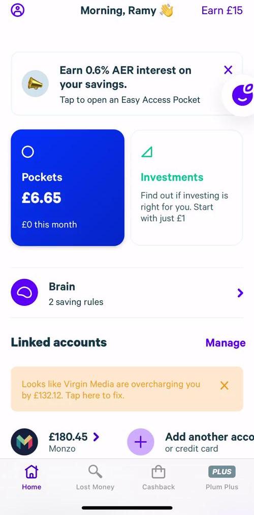 Plum Home screen in the Investing flow