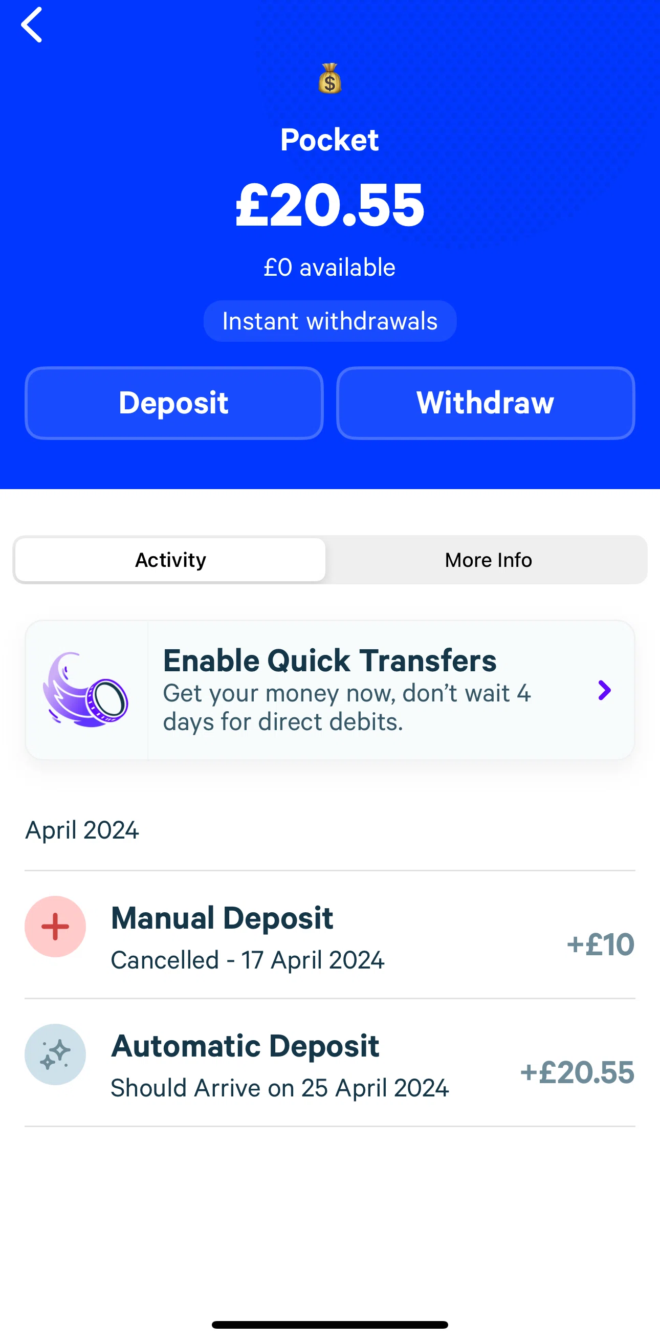 Plum Screen screen in the Quick transfers flow