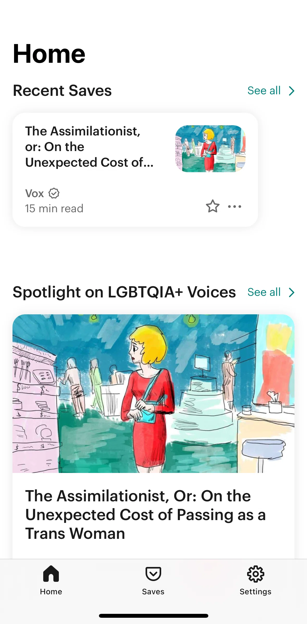 Pocket Screen screen in the Archiving a saved article flow