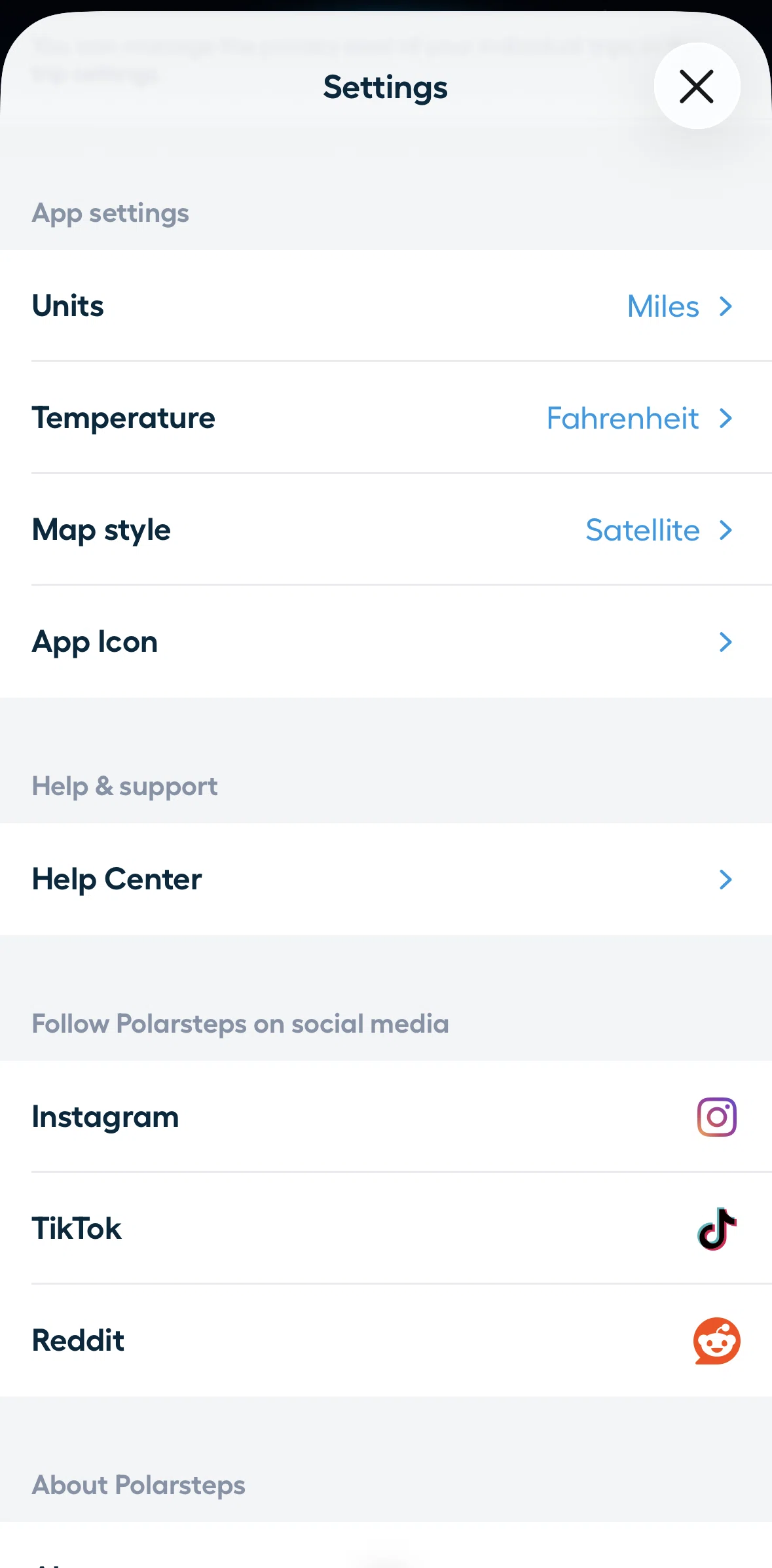 Polarsteps Screen screen in the Changing units flow