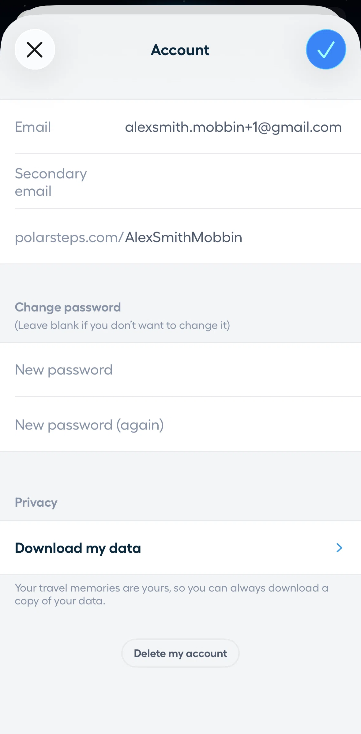 Polarsteps Screen screen in the Download data flow