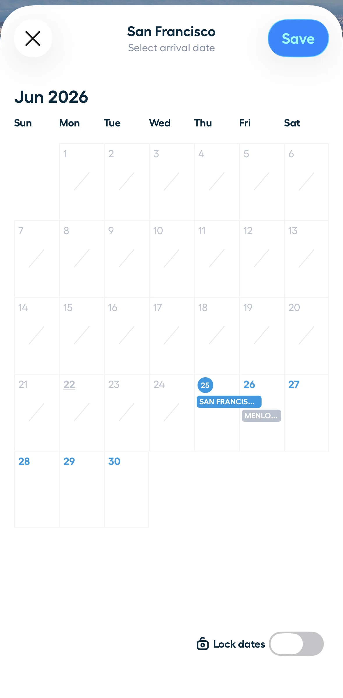 Polarsteps Screen screen in the Locking dates flow