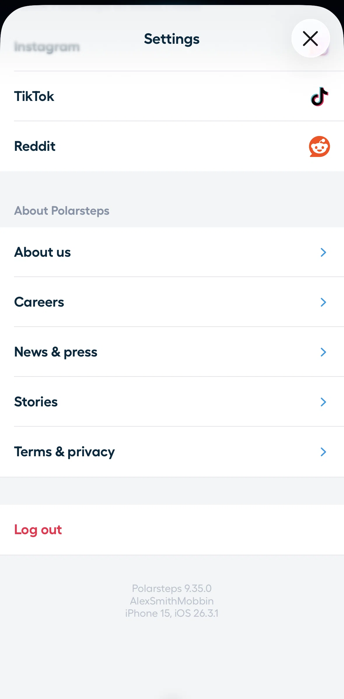Polarsteps Screen screen in the Logging out flow