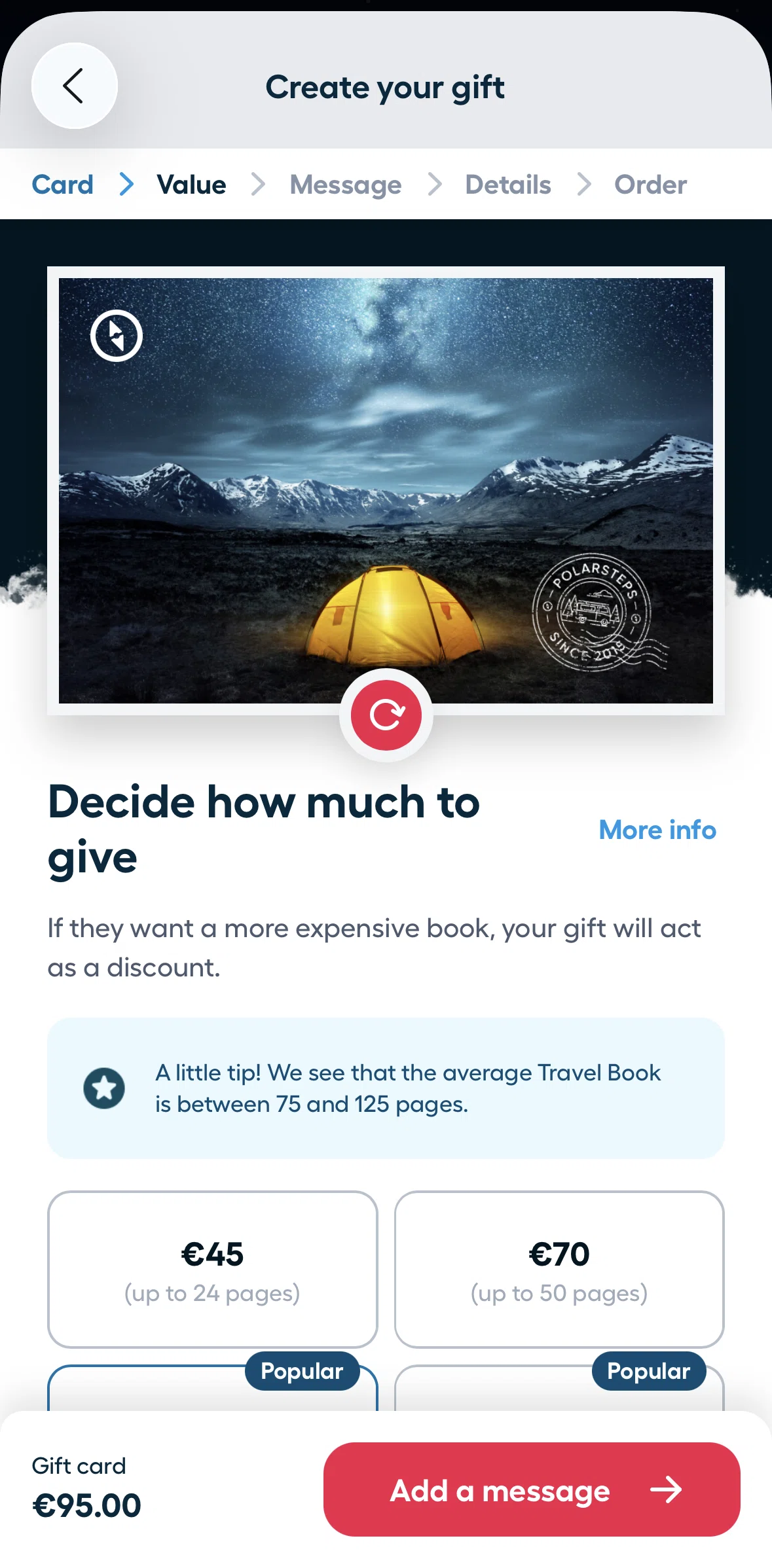 Polarsteps Screen screen in the Travel book pricing flow