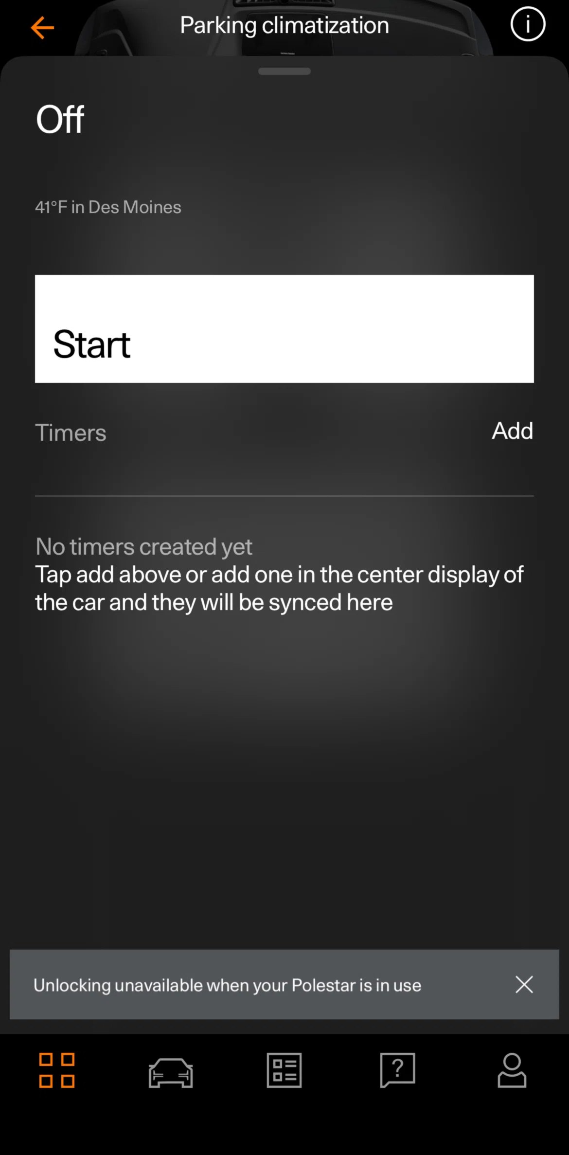 Polestar Screen screen in the Adding a timer flow