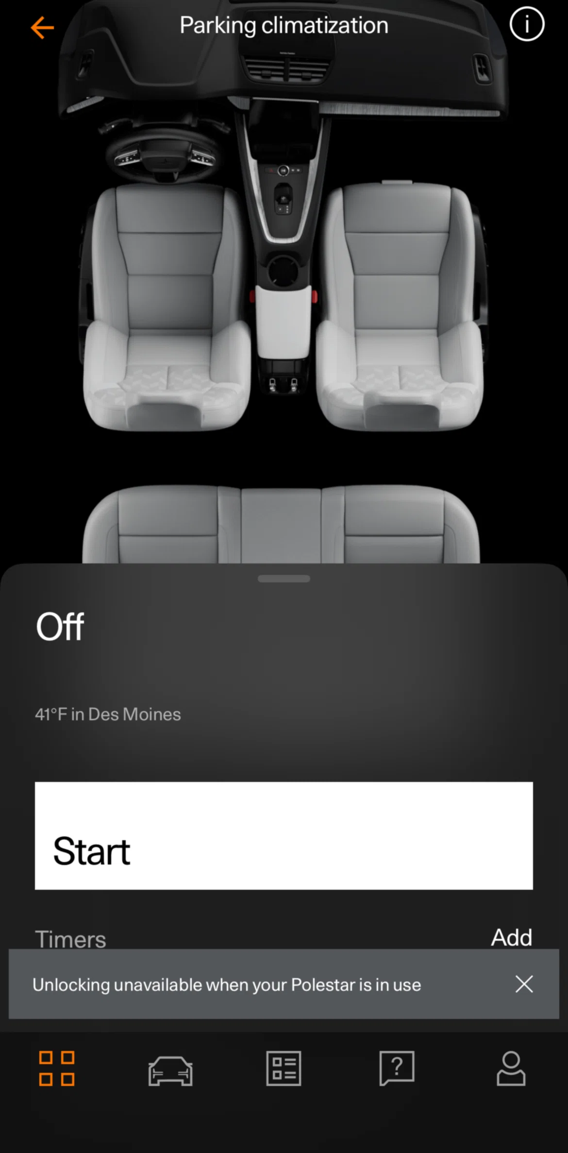 Polestar Screen screen in the Turning on parking climatization flow