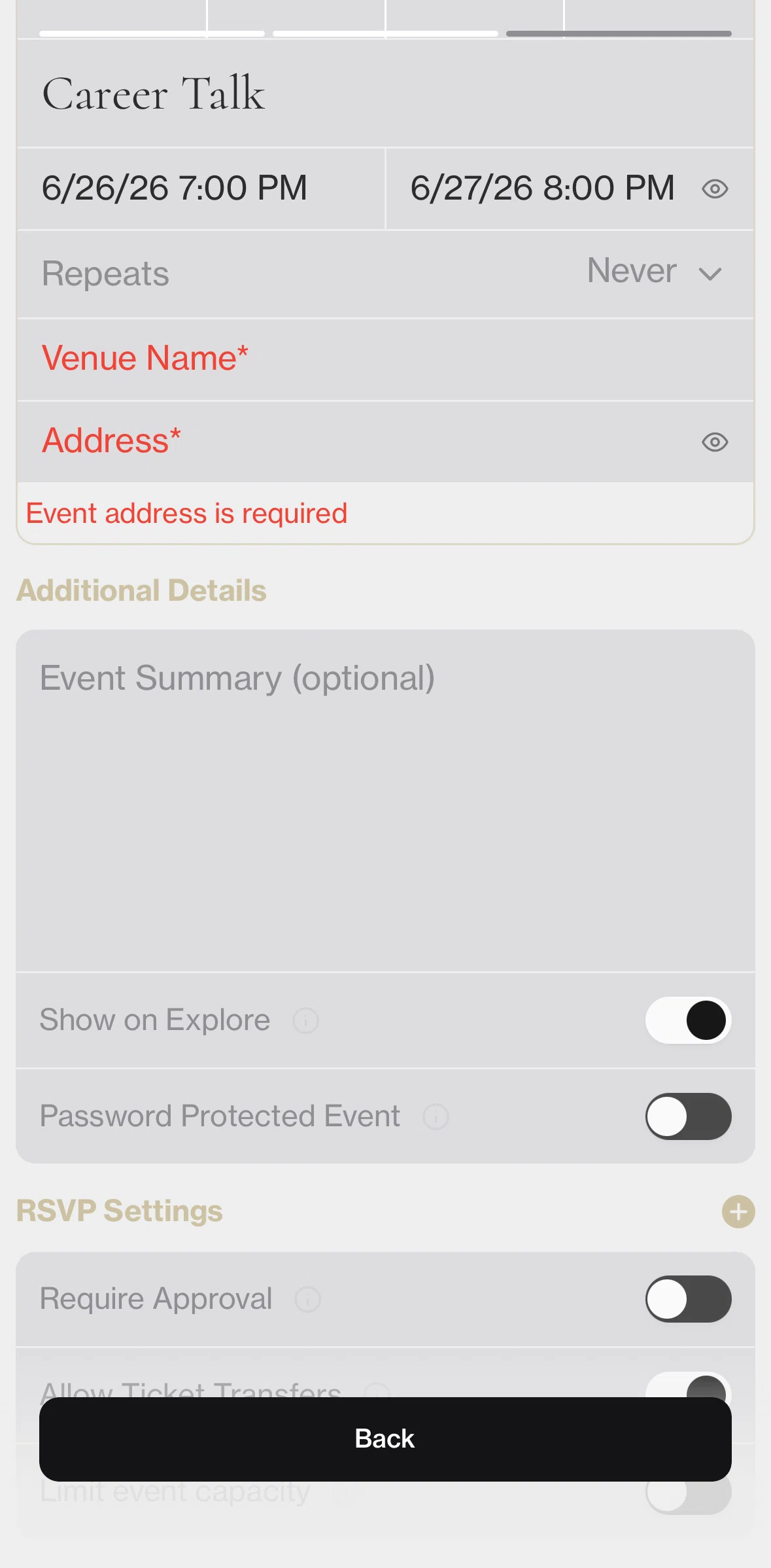 Posh Screen screen in the Changing event series settings flow