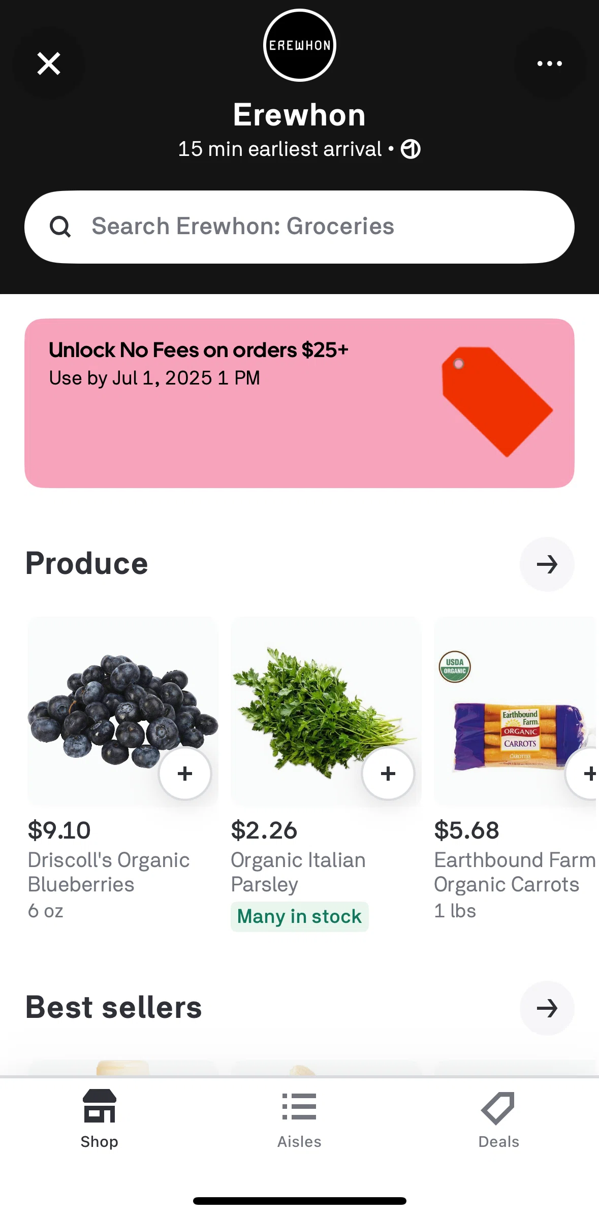 Postmates Screen screen in the Aisles flow