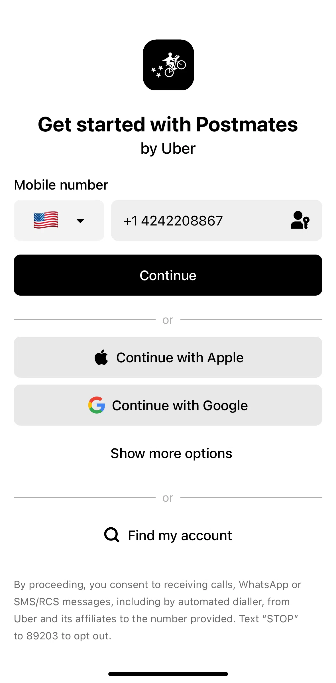 Postmates Screen screen in the Logging in flow